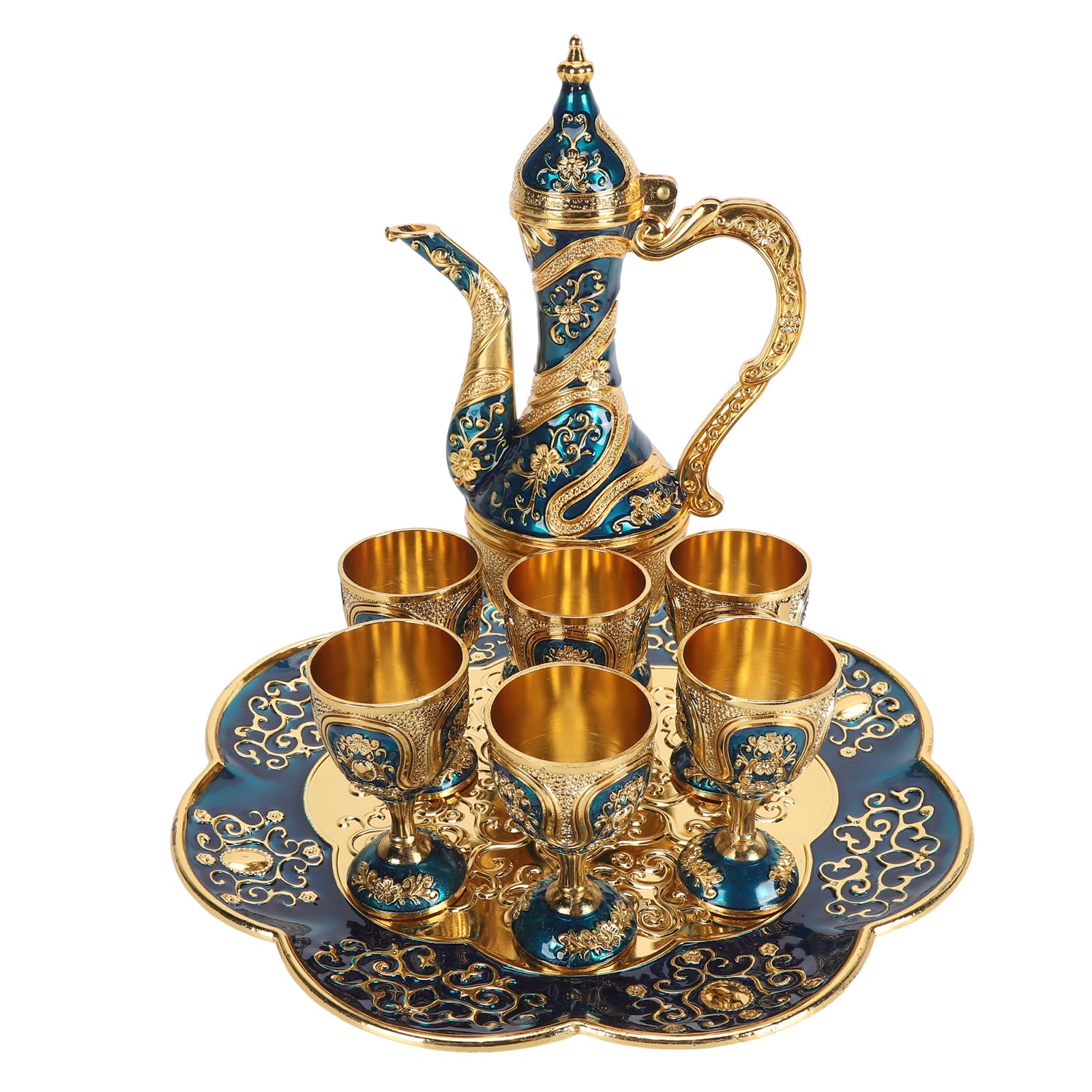 CHICIRIS Türkisches Vintage-Teeservice mit Elegantem Design für Partys und Hochzeiten, Zinklegierungsmaterial – 1 Kanne, 6 Tassen, Tablett (Goldblau)