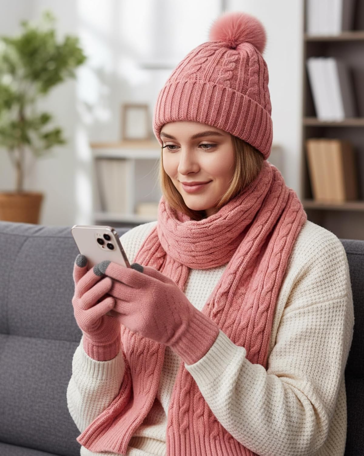 Geyoga 6 Pcs Winter Warm Set for Women Warm Beanies Hats Touchscreen Gloves Long Scarf Ear Muffs Socks Winter Gifts for Women