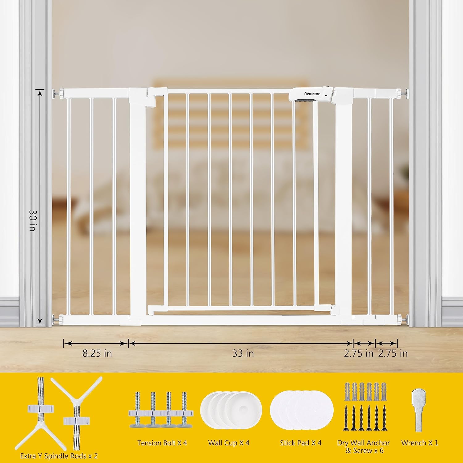 Newnice 29.7"-46" Wide Safety Baby Gate for Stairs, Auto Close Pressure Mounted Pet Gate,Easy Walk Thru Dog Gate, Extra Wide Kids Gate for House,Kitchen,Doorway,Hallway, White
