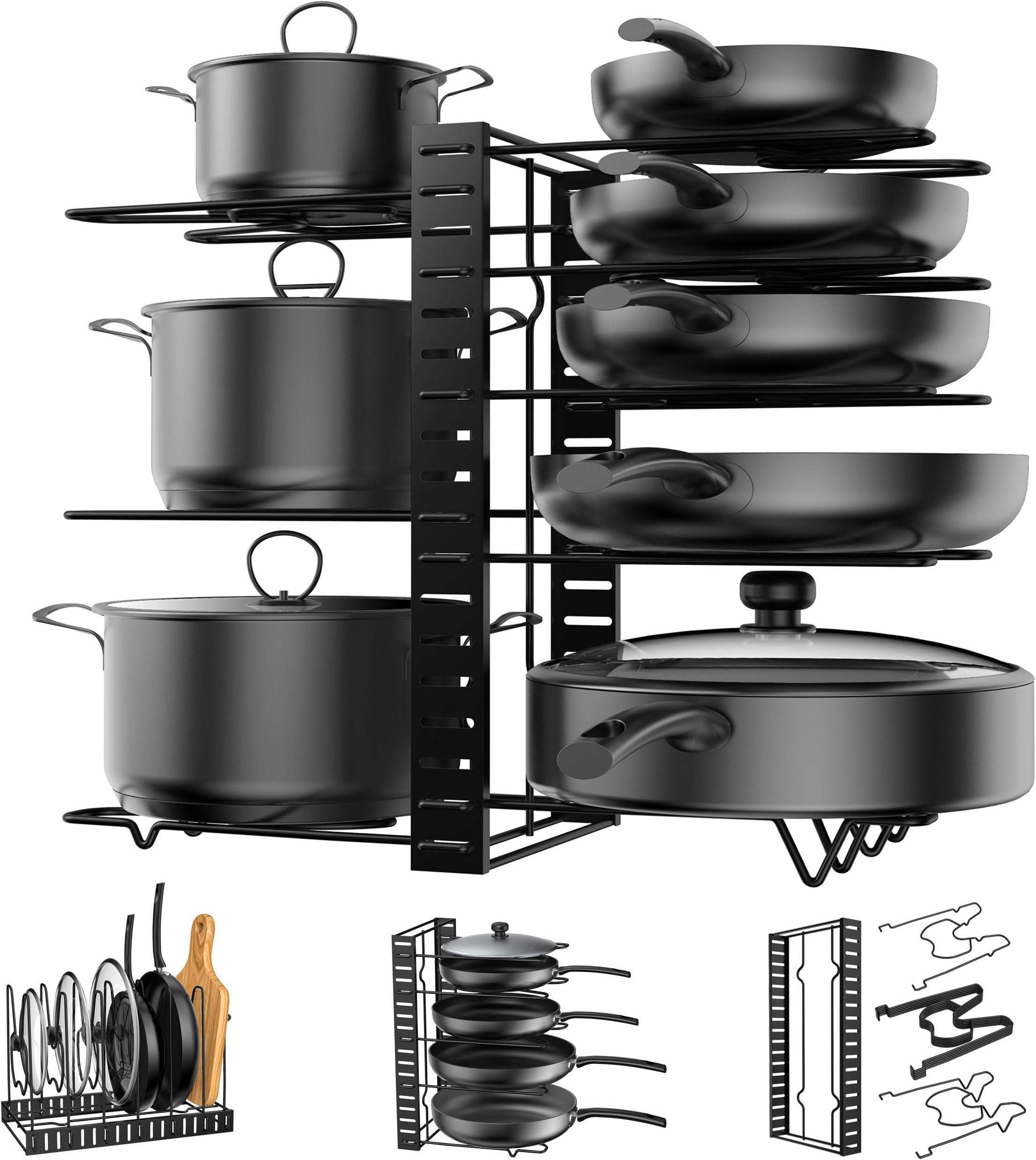 KaptronPot Rack Organizer, 3 DIY Methods, Height and Position are Adjustable - 8 Pots Holder, Metal Kitchen Cabinet Pantry Pot Pan Lid Holder (BLACK)