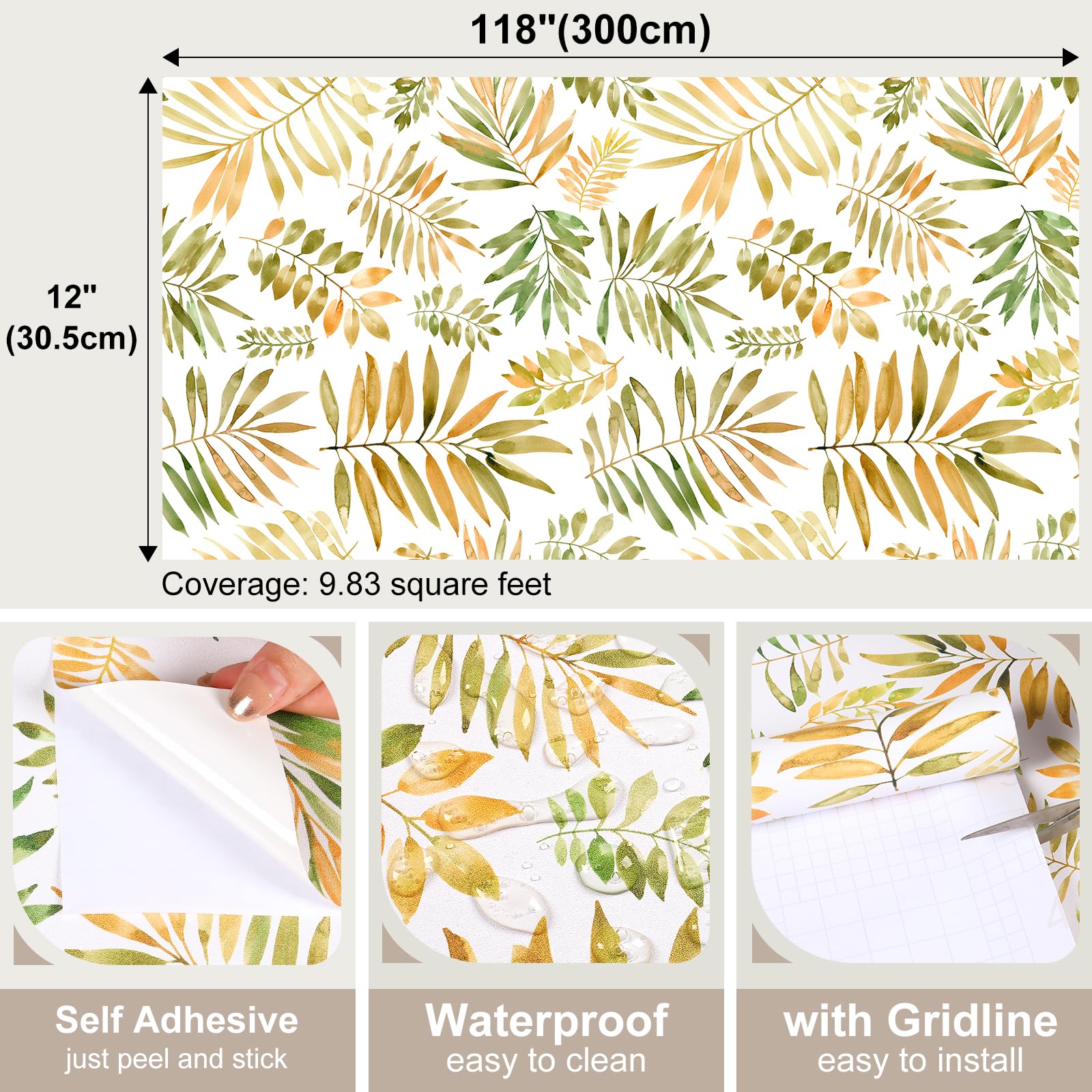 VaryFloral White Floral Wallpaper 30.5cmx300cm Peel and Stick Wallpaper Yellow Green Palm Leaves Contact Paper Watercolor Removable Sticky Back Plastic Thickened Texture Wall Stickers for Bedrooms - Image 2