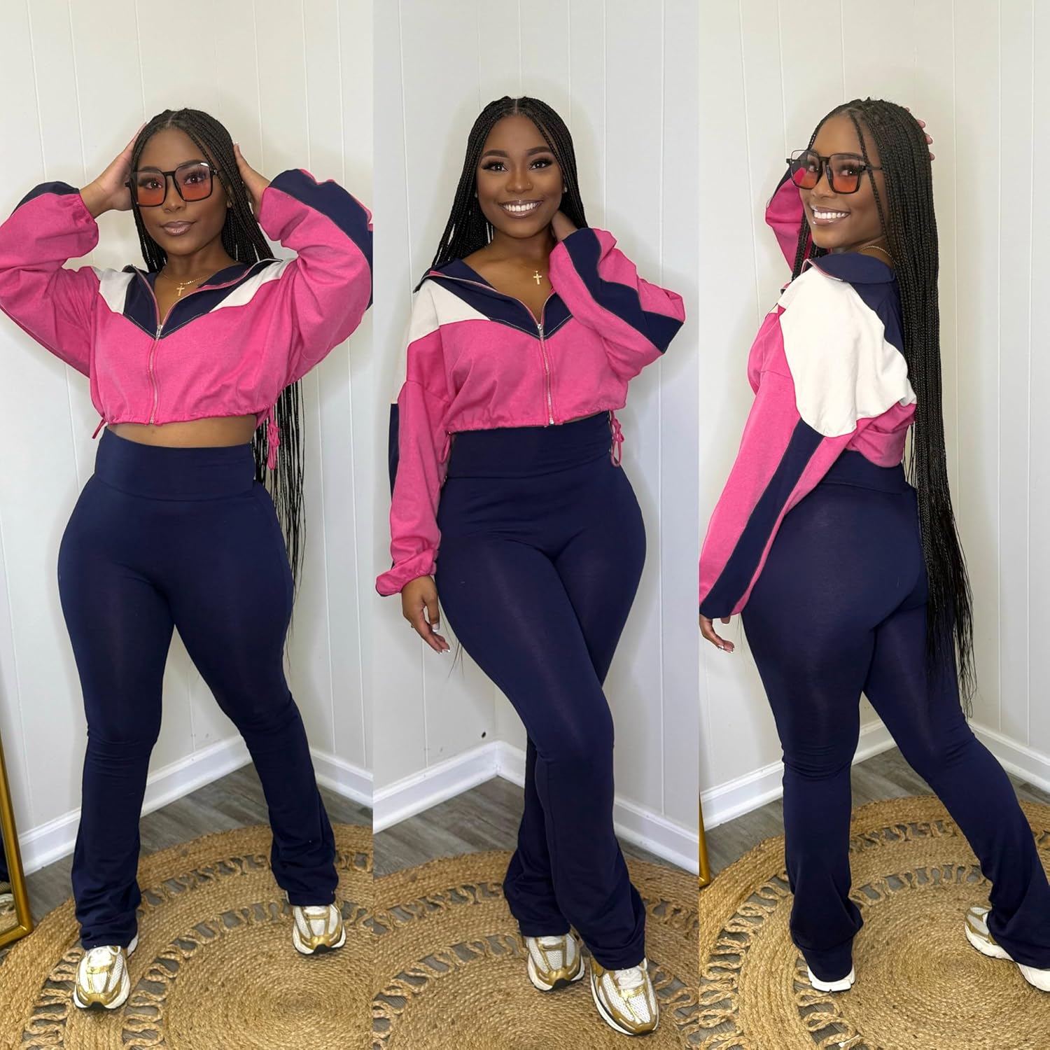 Womens 2 Piece Outfits Sets Casual Jumpsuits Track Suits for Women Set Colorblock Zip Up Cropped Jacket Pants Sweatsuits - Image 6