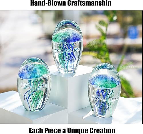 Miniatura 2 de QFkris Pisapapeles de medusas de vidrio soplado a mano, medusas en decoración de vidrio, figura de pez gelatina, decoración artística, regalos para
