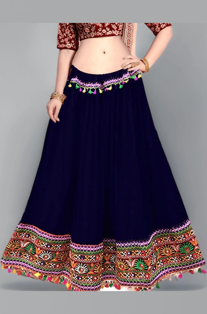 Kutchi Embroidered Border Ethnic Gujarati Style Cotton Rayon Long Skirt/Chaniya