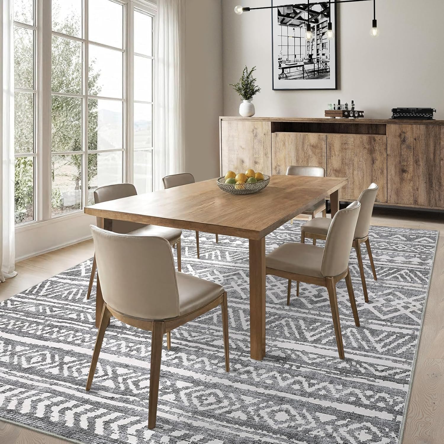 Garvee Rugs for Living Room 5x7 Washable Rugs Modern Boho Print Foldable Mats Non Slip Low Pile Carpet Non Shedding Low Pile Geometric Floor Cover for Bedroom, Nursery, Office, Dining Room, Grey