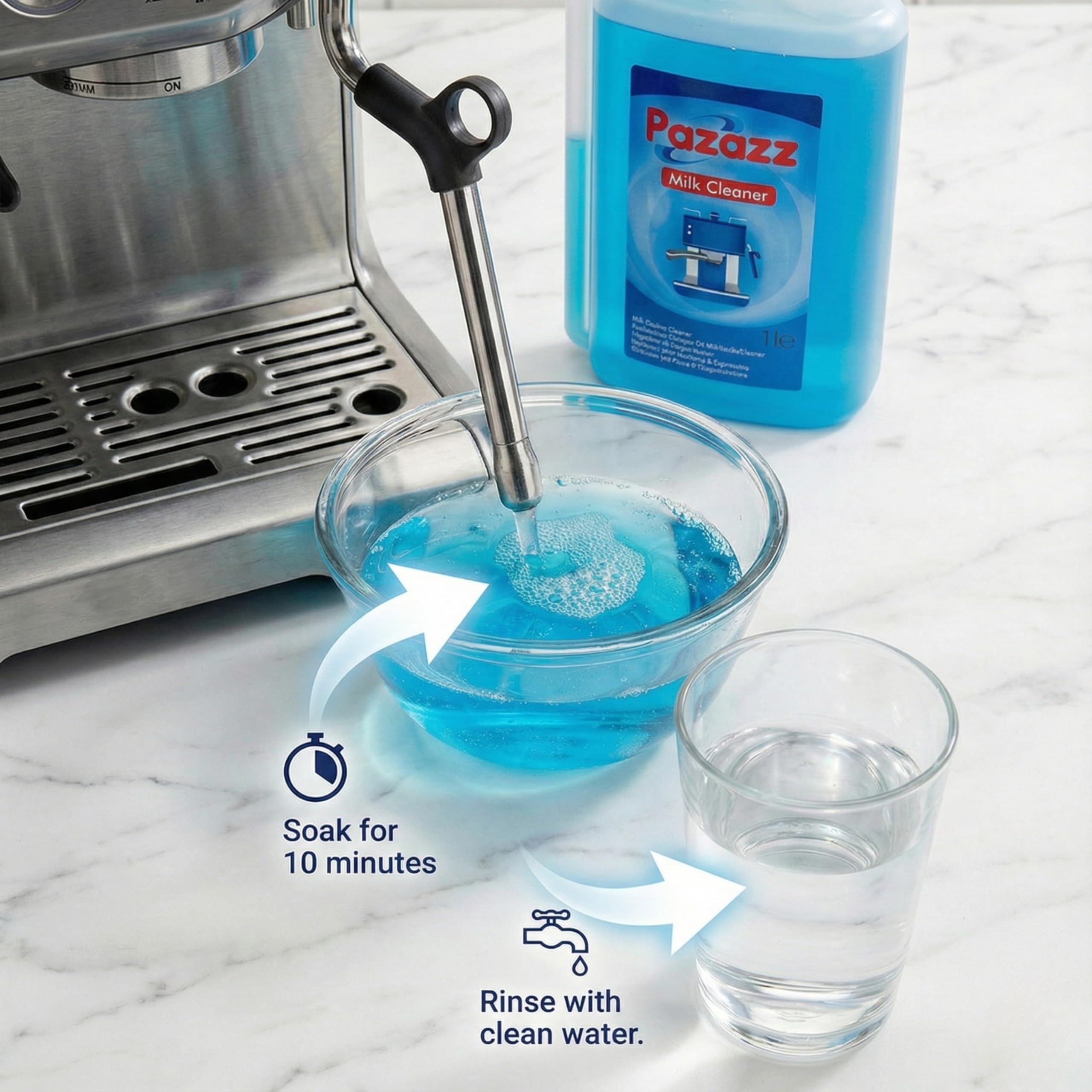 PAZAZZ Detergente per Montalatte – Liquido per Macchine da Caffè ed Espresso – Rimuove i Residui di Latte – Uso Domestico e Professionale – 1000ml – Confezione da 12