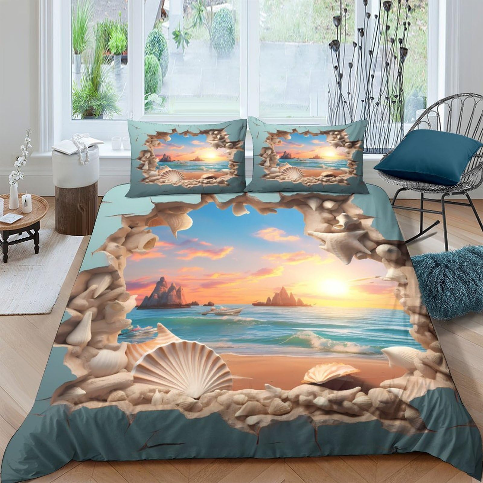 Ctjqhvkz Style-3 3D Printed Ocean Sunset Fitted Sheet Microfiber Soft Beach Shell Mattress Cover For Bedroom Guest Room Easy Care Single（135X200cm）