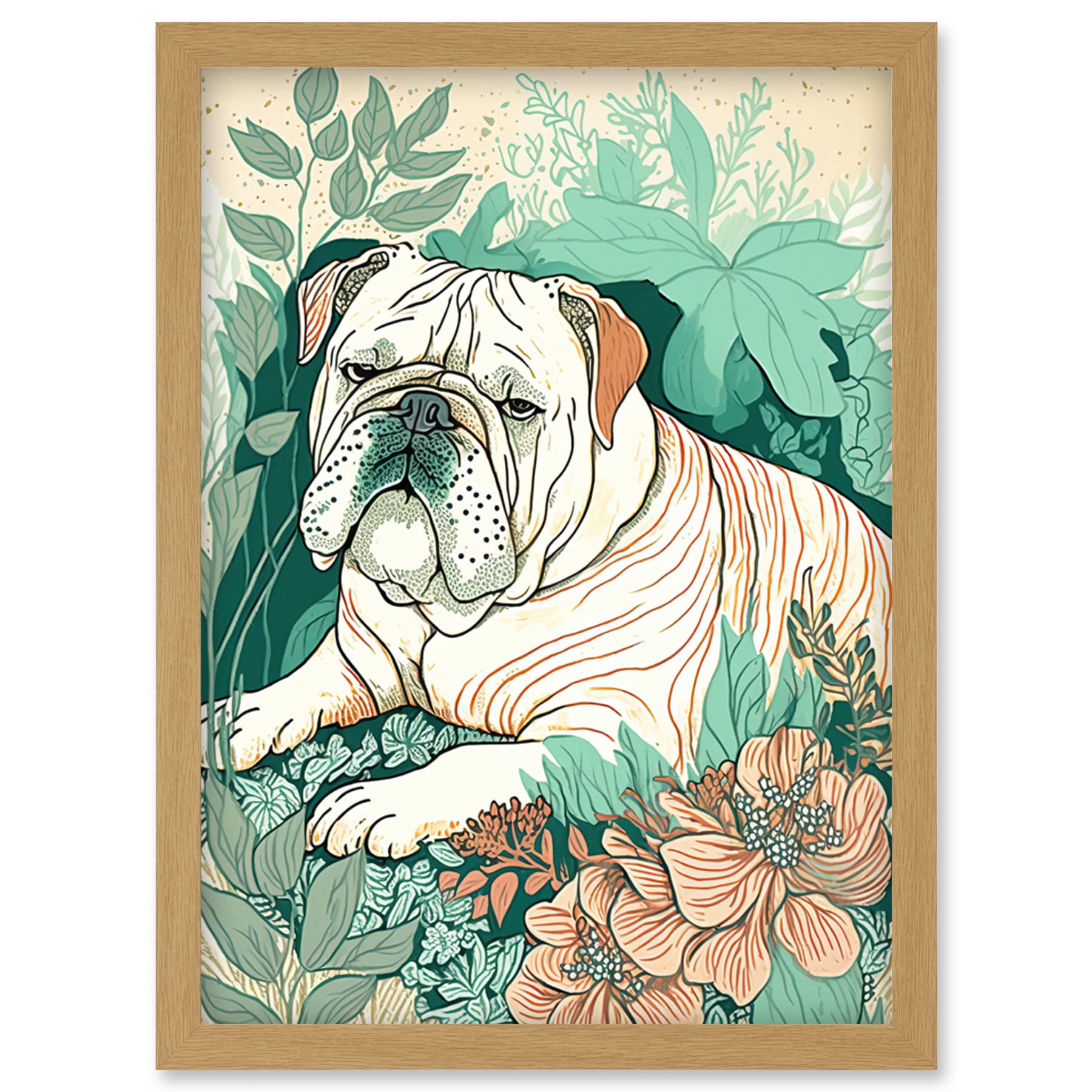 Bulldog Lying Flower Field Modern Linocut Framed Wall Art Picture Print A4
