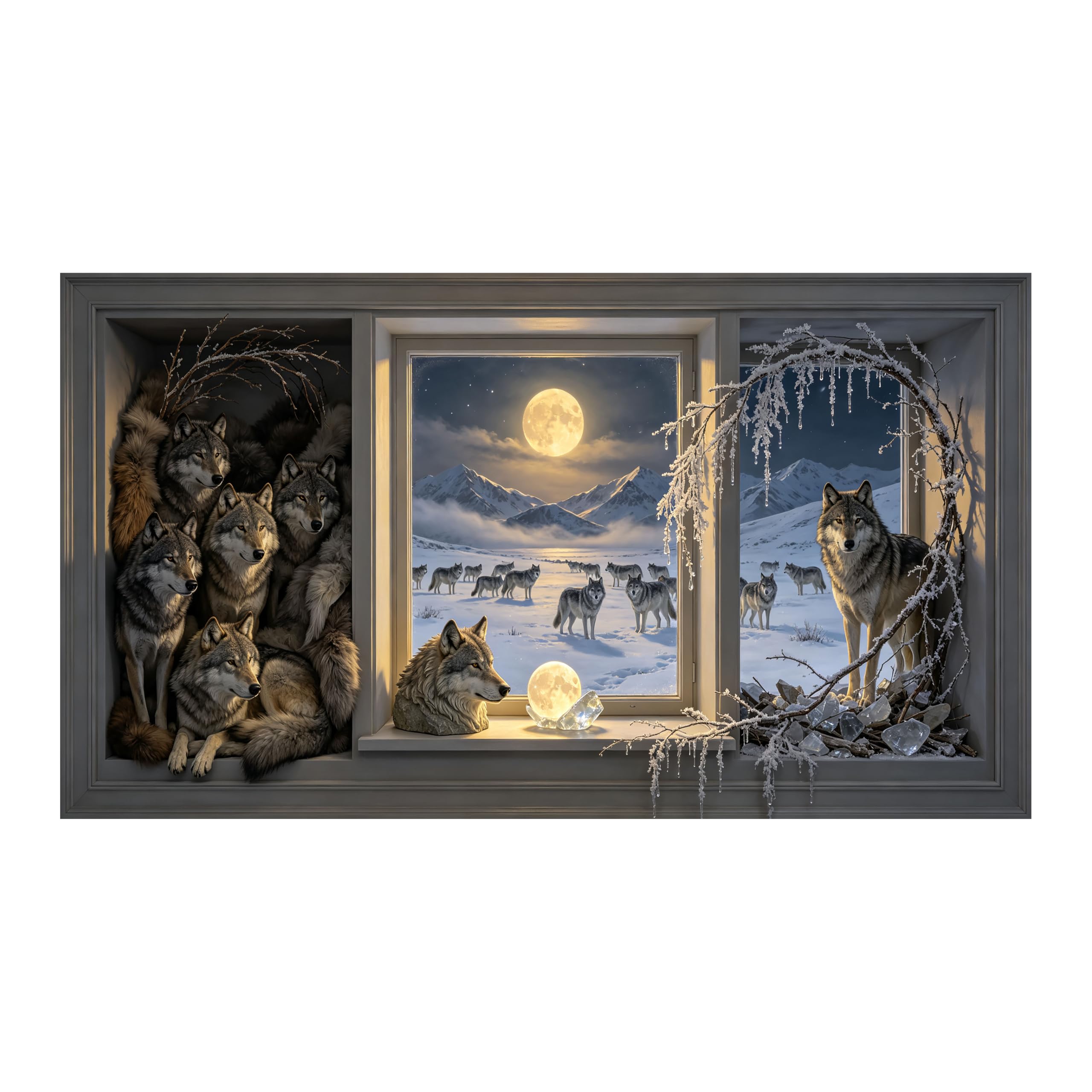 Yzpallescene 3D Framed Wall Art Winter Wolf Moonlight Mountain Nordic Realistic Large Size SelfAdhesive Removable Wall Decor Prints Artwork for Living Room Bedroom Office