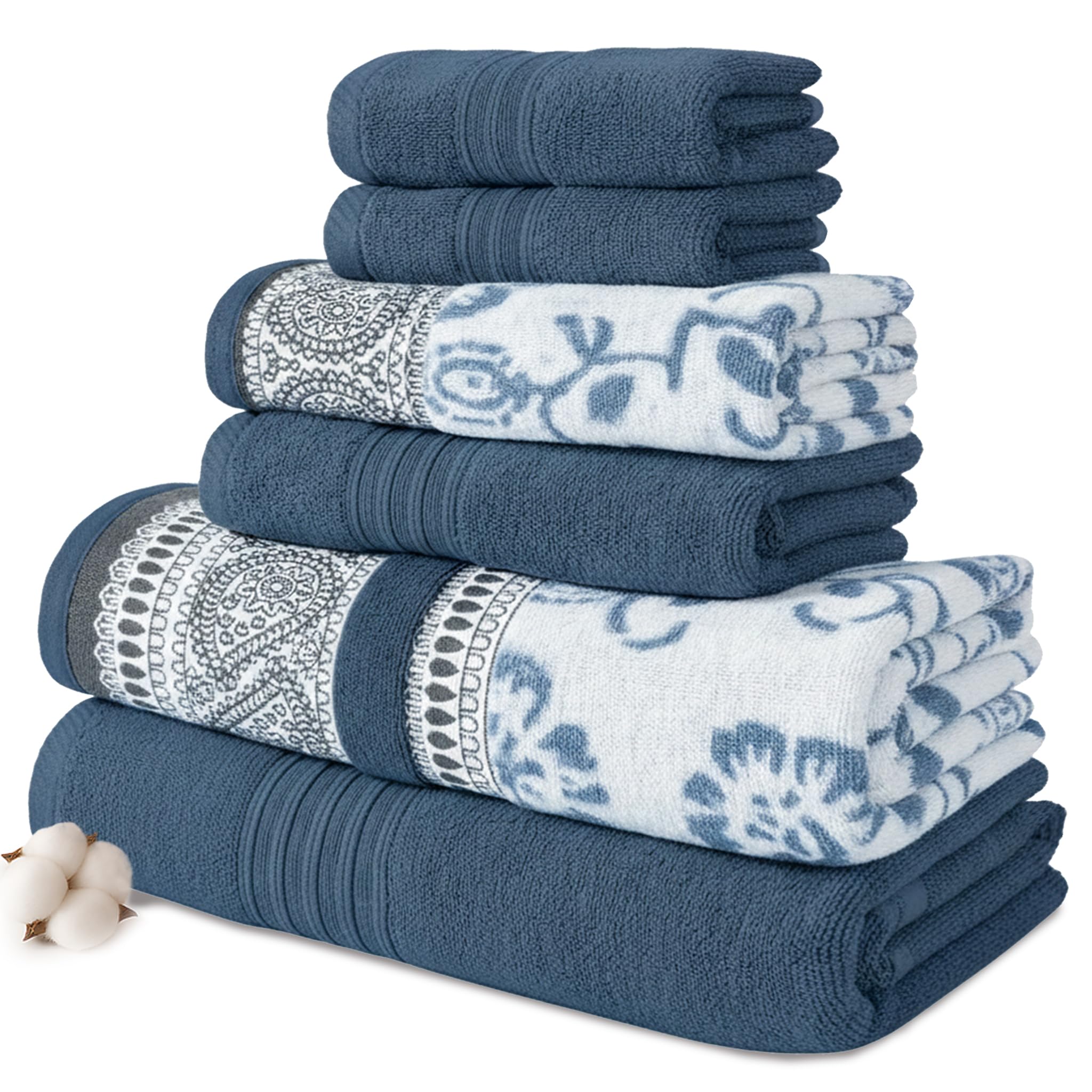 Modern Threads Ophelia 6-Piece 100% Cotton Towel Set – Reversible Yarn Dyed Jacquard & Solid – Includes 2 Bath Towels, 2 Hand Towels, 2 Washcloths – Absorbent, Quick Dry, Soft & Durable – Blue