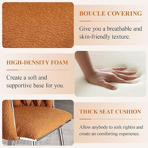 Miniatura 5 de Sudwesto Juego de 2 sillas de comedor modernas tejidas a mano, sillas de tocador tapizadas Boucle con patas plateadas, sillas laterales con