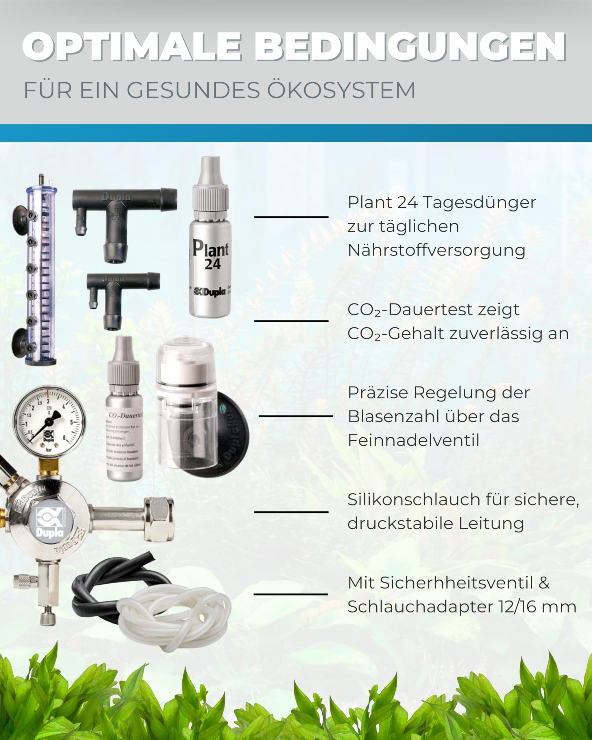 Dupla Profi CO2-Set 500 I Professionelles CO2-System für Aquarien bis 500 l I Präzise CO2-Anlage mit Armatur Pro, Aktiv-Reaktor, Dauertest, Silikonschlauch und Plant 24 Dünger