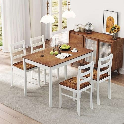 NAFORT Juego de mesa de comedor para 4, mesa de cocina y sillas de madera maciza, juego de comedor de estilo granja con delantal, patas de madera de