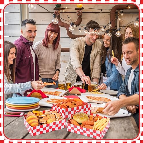 Miniatura 6 de Norme 100 bandejas desechables de cartón rojo a cuadros para alimentos de 8.6 x 5.5 x 2.3 pulgadas, contenedor de papel para servir aperitivos, 4