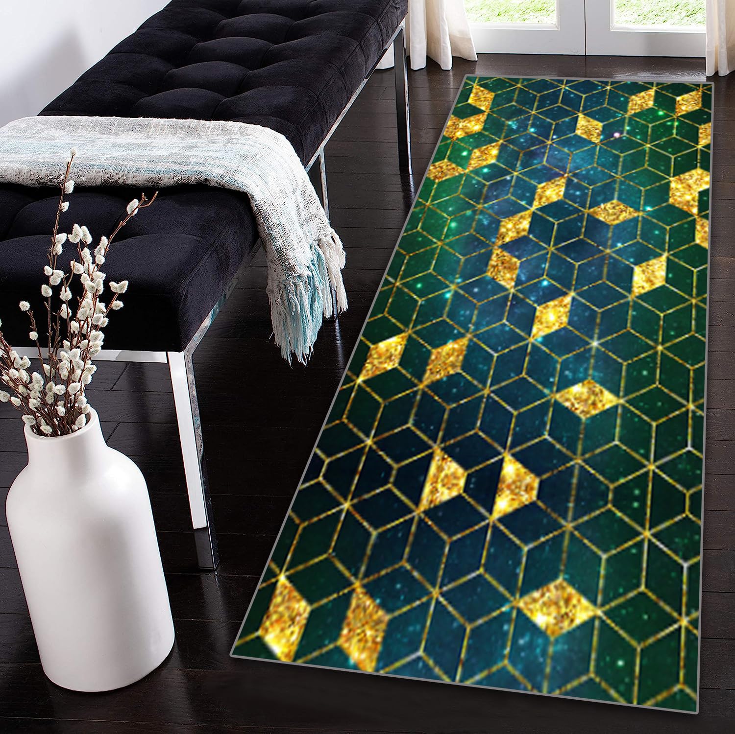 Tapis de couloir vert foncé bleu doré anti-glisse pour votre entrée