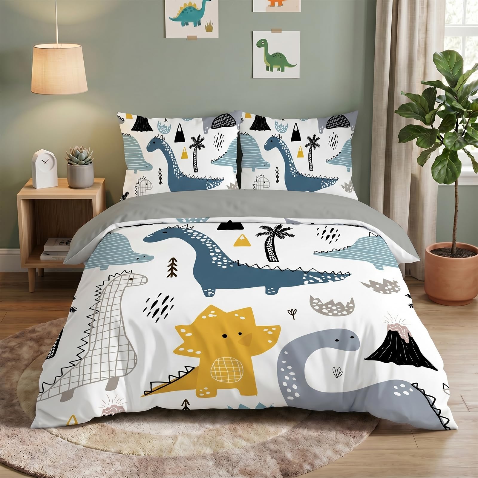 Fundas Nordicas Cama 105 Infantil NiñO Dinosaurio Blanco Juego de Ropa de Cama 200x200 cm Microfibra para NiñOs Adultos - 1 Funda de Edredón y 2 Funda de Almohada 50x75 cm