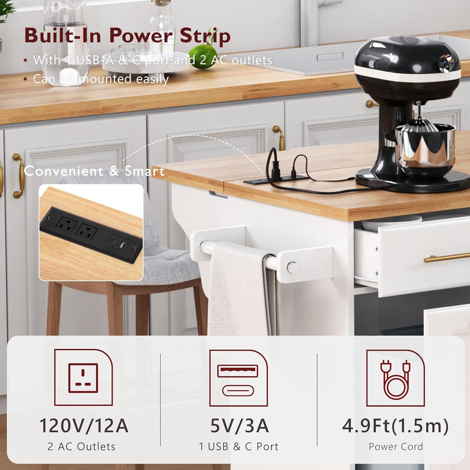 Amposei Drop Leaf Kitchen Island with Pull-Out Trash Can Holder, 59.3-Inch Mobile Storage Island Cart on Wheels with Power Outlet, Pull-Out Organizers & Spice Rack (White)