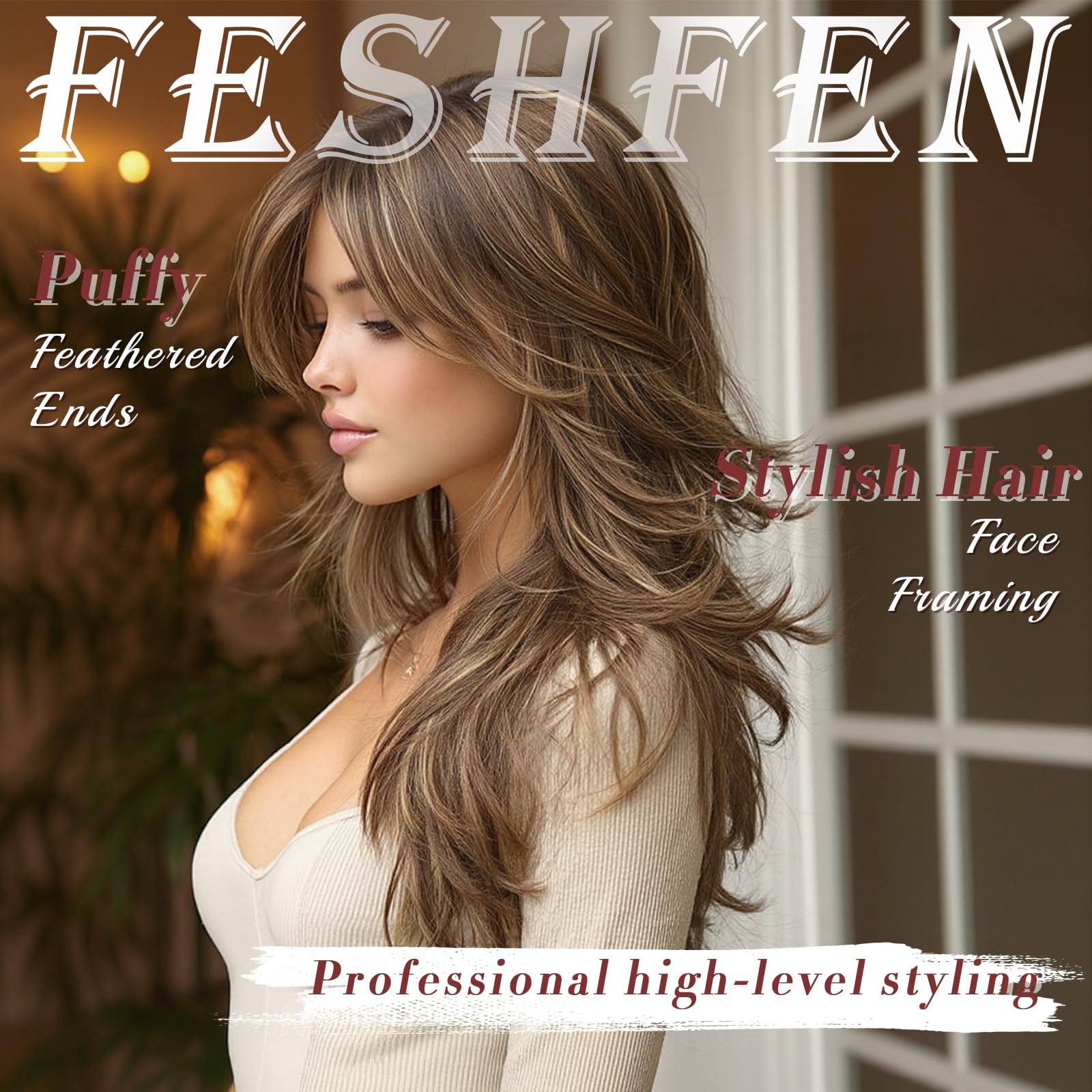 FESHFEN Parrucca Lunghe Ondulate con Frangia per Donne, 50 cm Castano Biondo Misto Parrucche Naturale Stratificato Sintetici Resistente Wig per Use Quotidiano le Feste e il Cosplay
