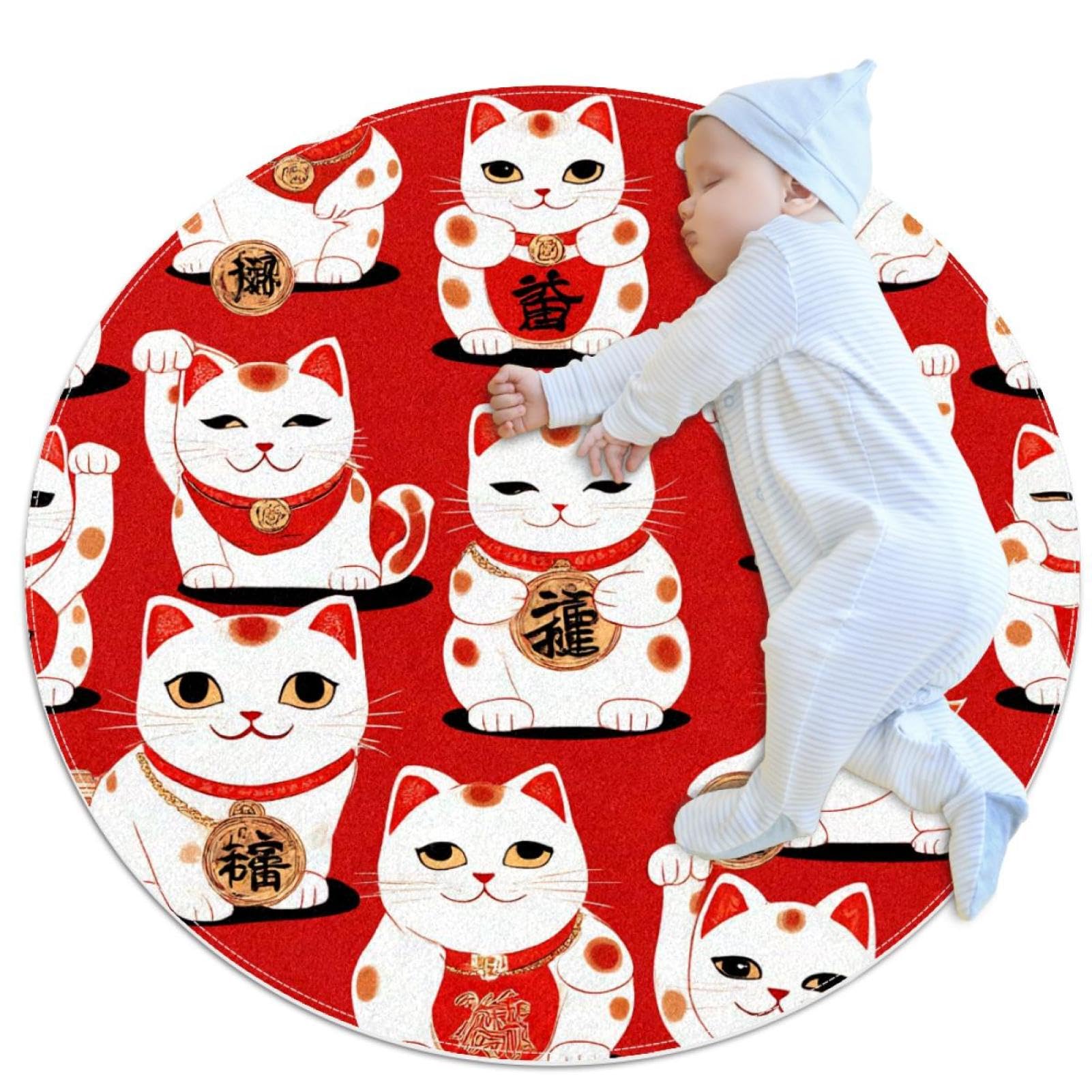 Tapis de salle de bain rond 1m antidérapant motif chat de la fortune rouge