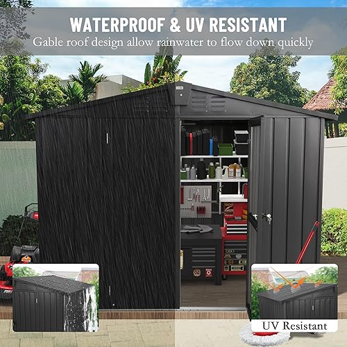 Miniatura 4 de Domi Cobertizo de almacenamiento para exteriores de 8.2 x 6.2 pies, cobertizos de metal para almacenamiento al aire libre con puertas bloqueables y