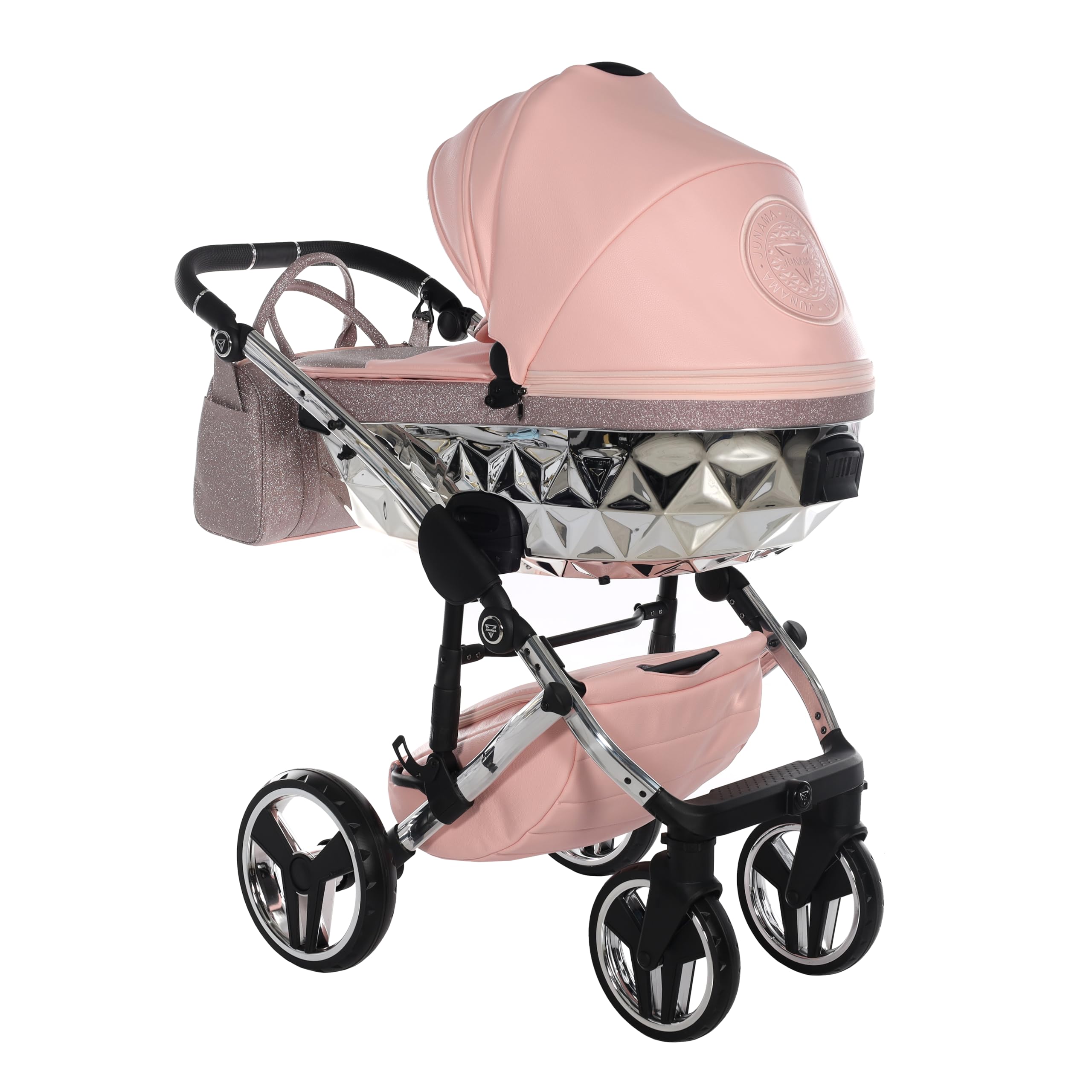 Junama Passeggino TRIO Hand Craft Glitter 01 Rosa e Argento - 2in1 3in1 4in1 + ombrellino (4 in 1 con Base ISOFIX)