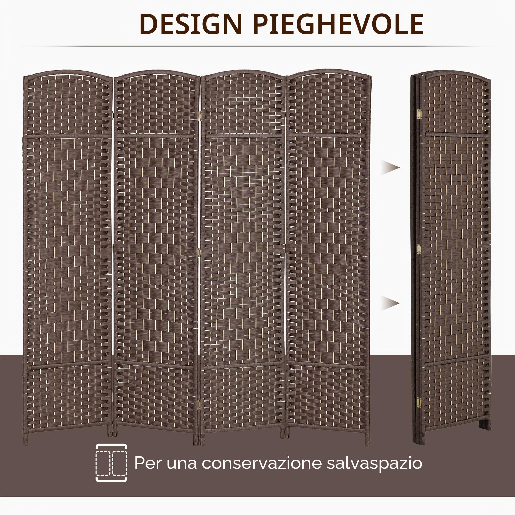 HOMCOM Paravento interno in legno, 4 pannelli, 180 x 180 cm, divisorio pieghevole per soggiorno, camera da letto, casa, marrone