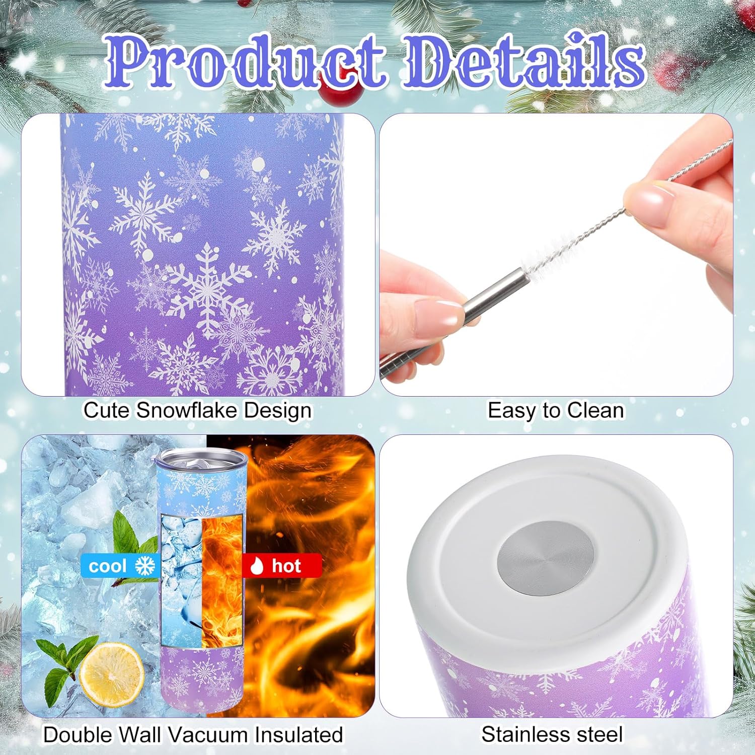 Geiserailie Winter Snowflake Tumbler with Lid Straw 20 oz Stainless Steel Tumbler Snowflake Insulated Skinny Travel Cup Coffee Mug with Straw Brush for Winter Holiday Birthday Party Gifts(Blue) - Image 3