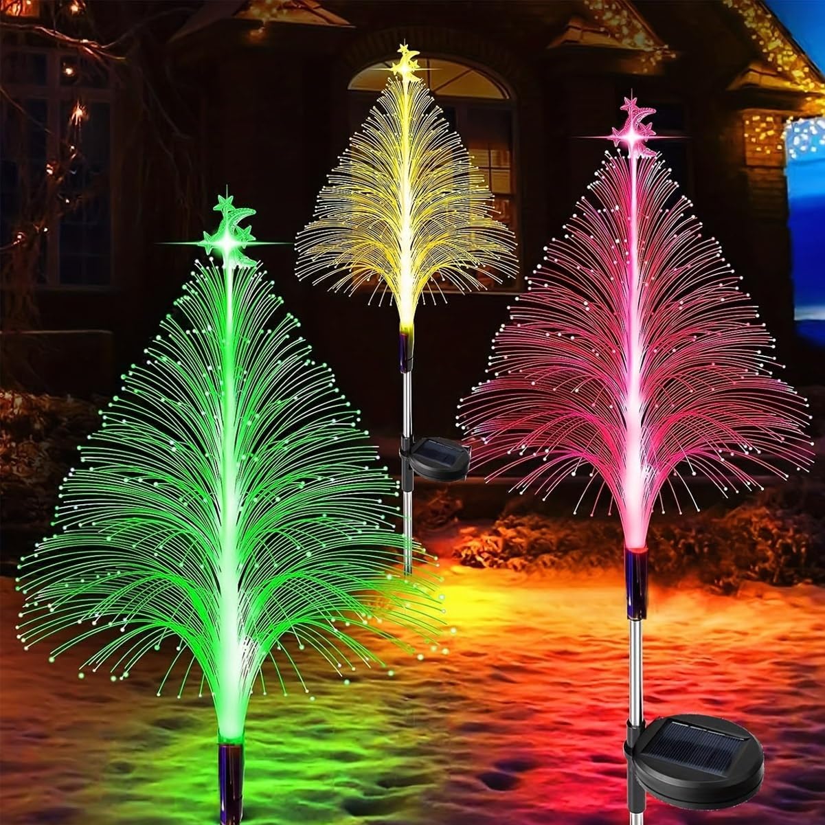 7 Color Changing Solar Christmas Trees Lights, Seven Colors Gradient Outdoor Waterproof Light with Star and Moon Decorations, Optical Fiber Lights for Outdoor Xmas Yard Garden Pathway Decor(3pcs)