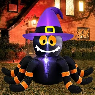 TURNMEON 3.5 Foot Halloween Inflatables Spiders with Witch Hat LED Lights with 4 Stakes 2 Tethers 1 Weight Bag Indoor Blow Up Halloween Decorations Yard Lawn Garden Holiday Party