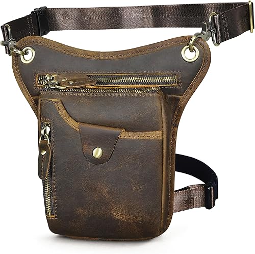 Handadsume Riñonera de lona resistente al agua + cuero para motocicleta, riñonera de un hombro para hombres y mujeres FB211-6, 100% Cuero