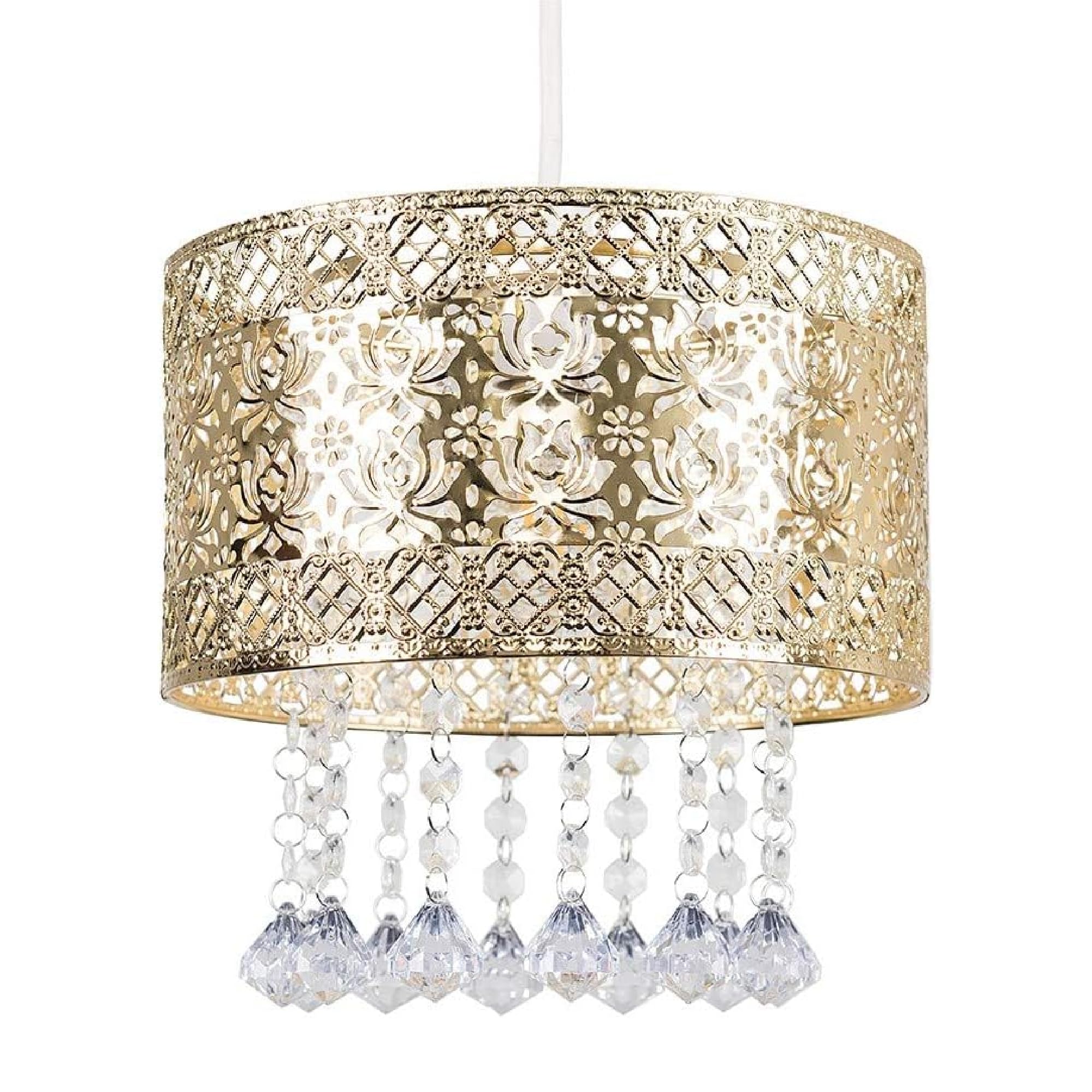 MiniSun | Modern Intricate Pattern Gold Ceiling Light Shade with Jewel Droplets | Pendant Lights, Home Décor & Improvement Essential | 25cm Shade Width