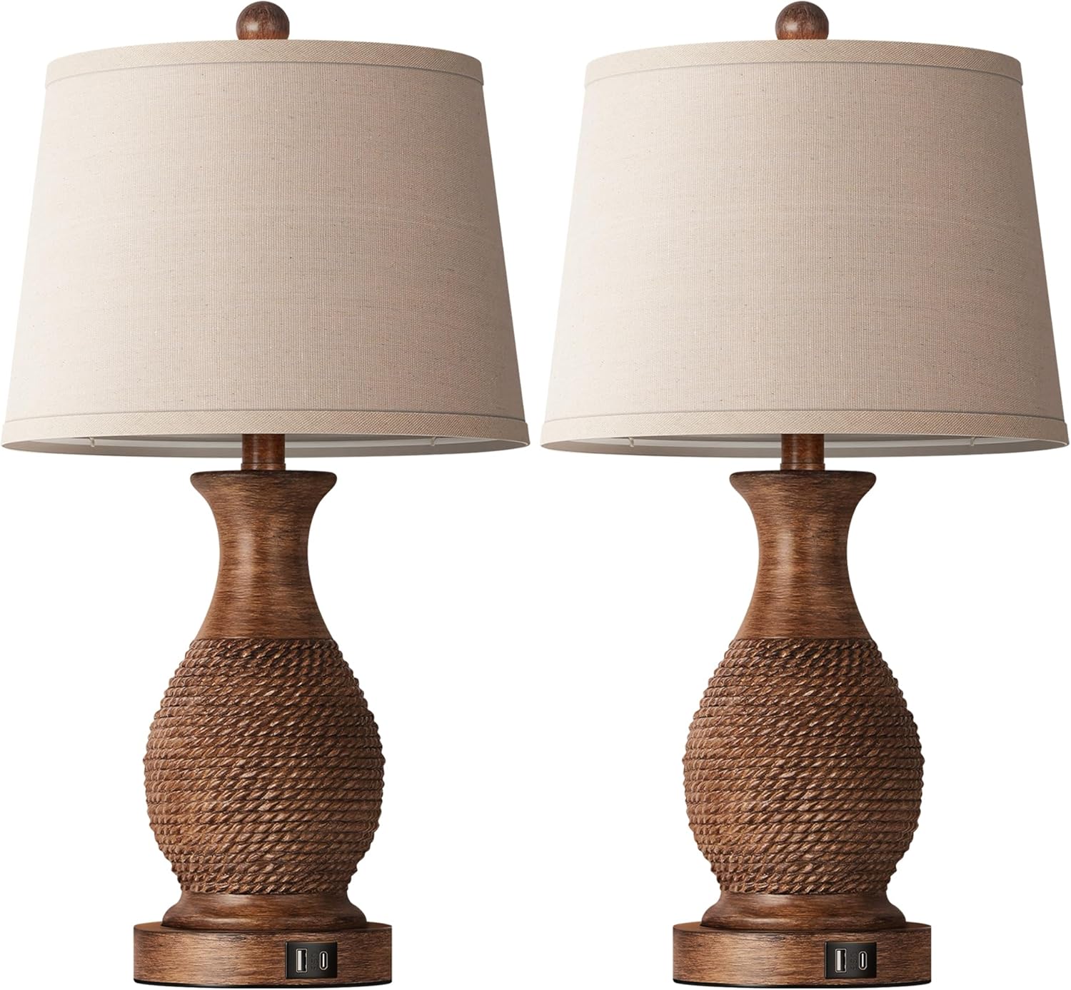 partphoner table lamps set of 2, bedside touch lamp with usb c+a charging ports, side table lamp with linen fabric shade (led bulbs included), wood wood 22.6" touch lamp