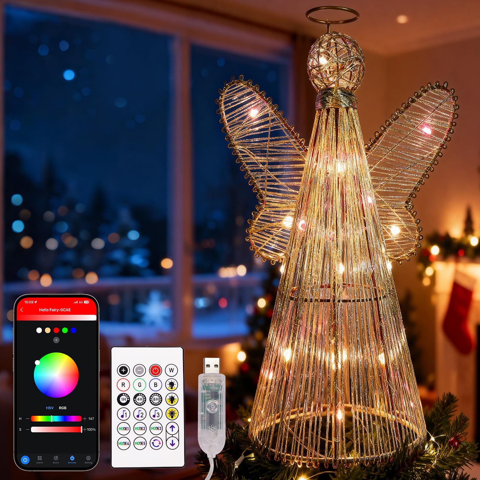Estrella inteligente para árbol de Navidad, decoración de árbol de ángel de 12 pulgadas, 80 modos de iluminación, flash multicolor / sólido, aplicación y control remoto, sincronización de música