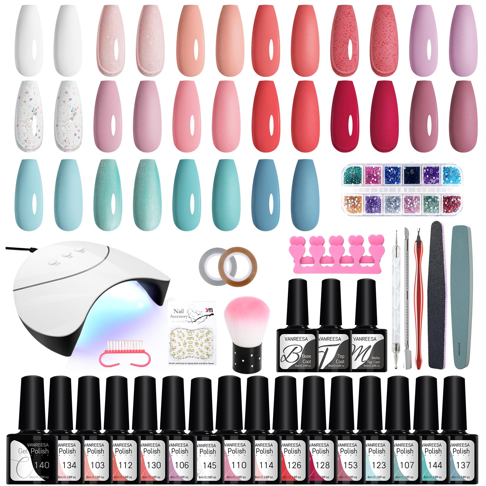 Gel Nail Polish Set VANREESA 16 Colours Gel Nail Polish Kit with U V Lamp White Red Pink Blue Gels Polishs Set with Base and Top Coat Manicure Art Salon DIY at Home Gifts for Women