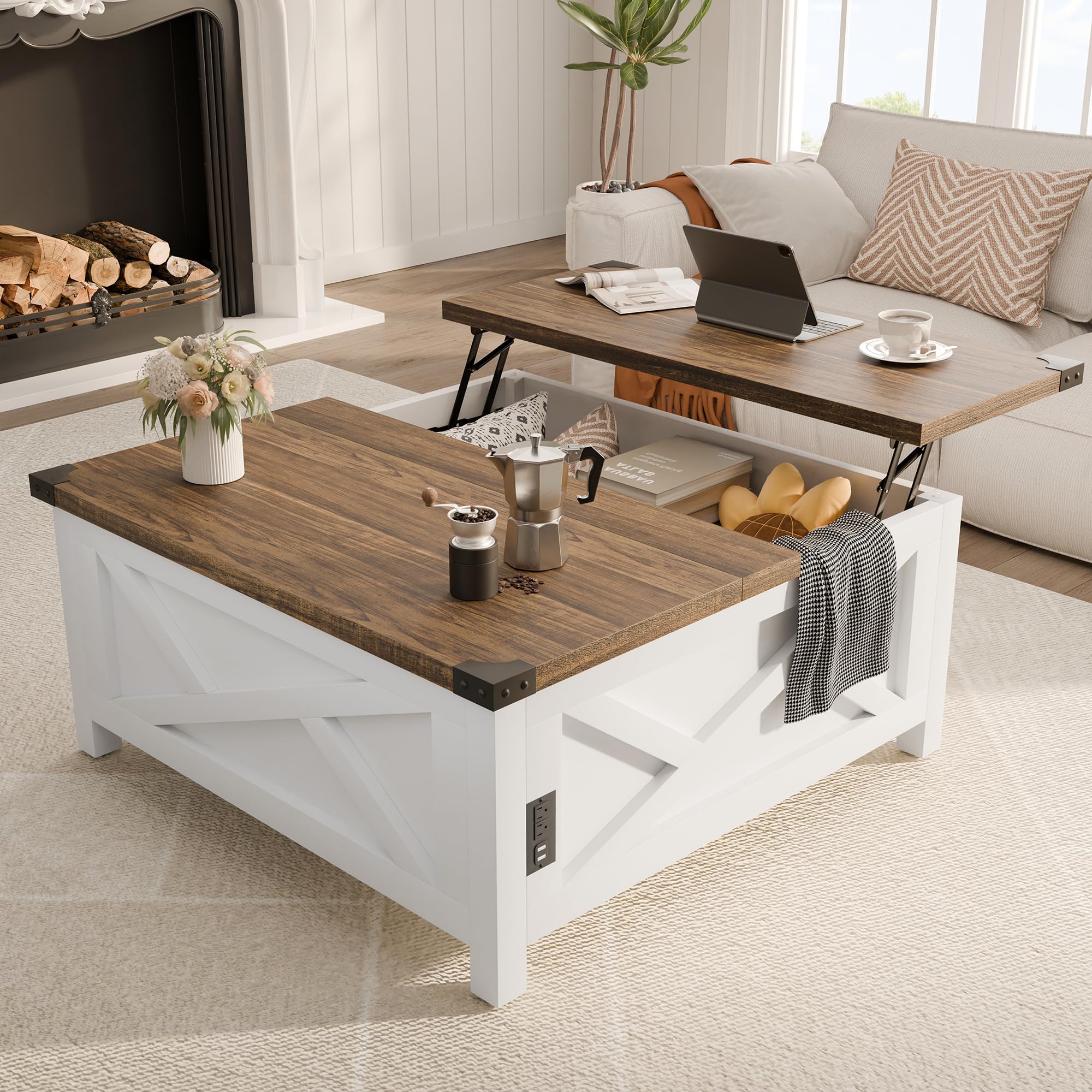 MU Lift Top Coffee Table, Farmhouse Wood with Hidden Storage & Charging Station, White