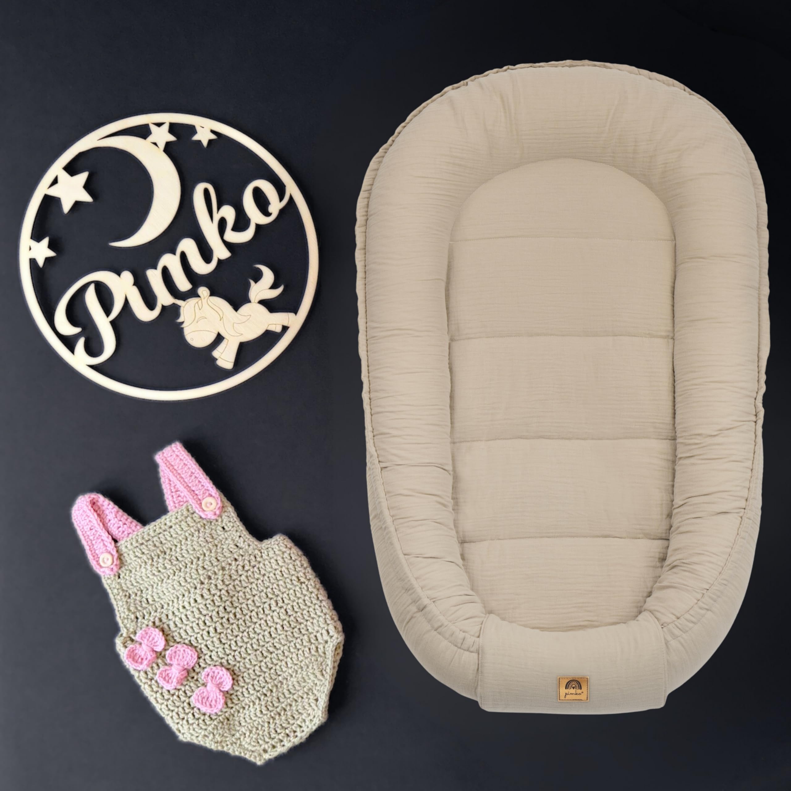 PIMKO Babynest Babynestchen für Baby Kuschelnest Babykokon für Säuglinge und Neugeborene Nestchen 60 x 90 cm 100% Baumwolle Musselin - Beige Latte
