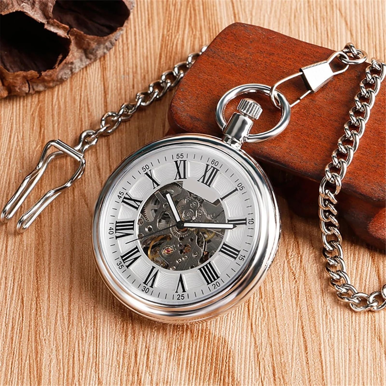 Automatische mechanische Taschenuhr for Herren, selbstaufziehende Taschenuhr, Kettenanhänger mit römischer Zahl