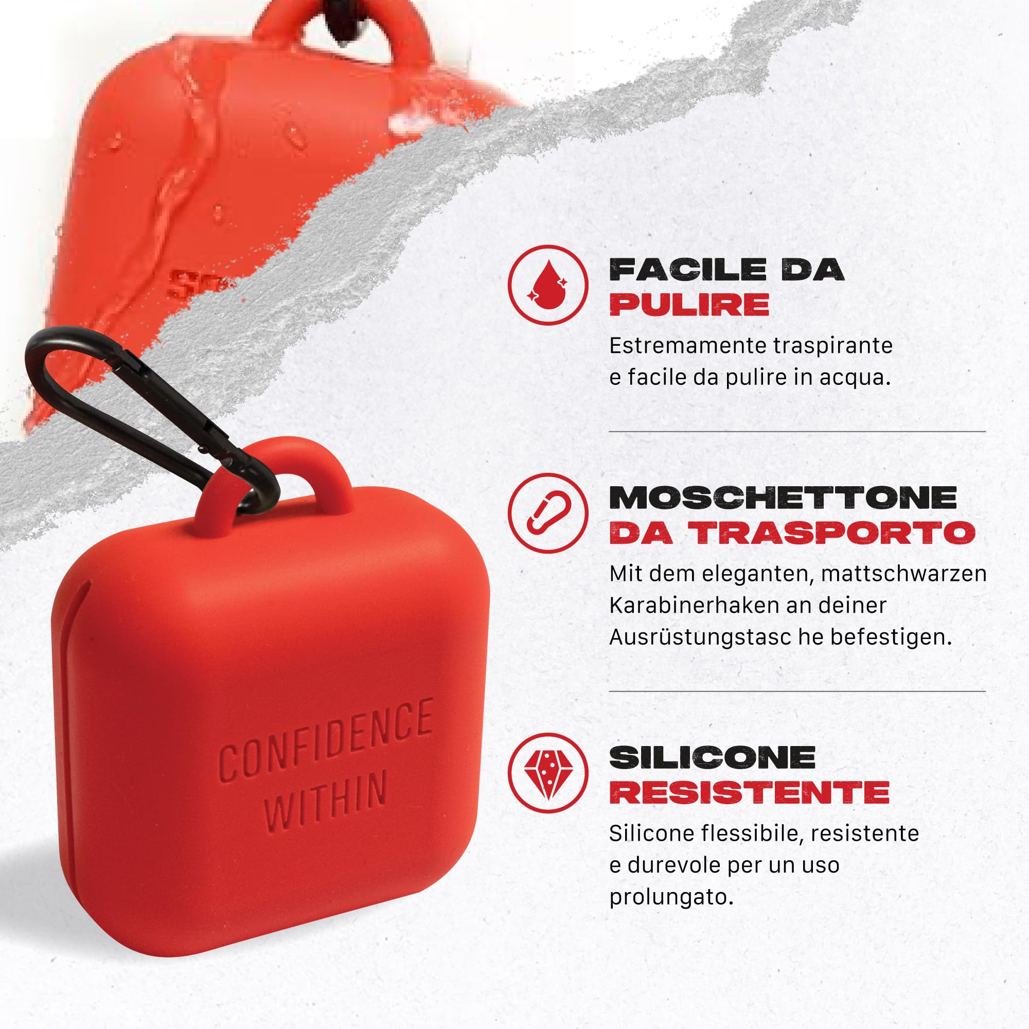 Custodia per paradenti SAFEJAWZ Premium con moschettone. Design unico in silicone resistente e flessibile per mantenere gli schermi gengivali protetti, sicuri/puliti. taglia unica. (Rosso)