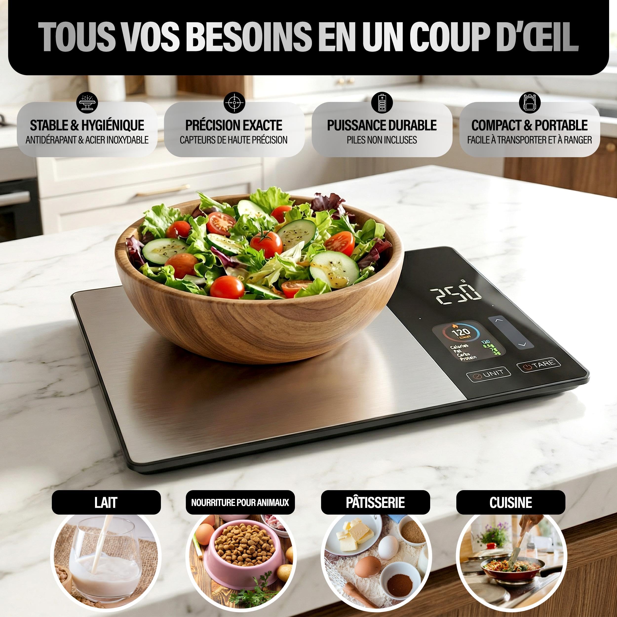 Balance Cuisine Alimentaire Calcul Calories Protéines Glucides Lipide | Balance de Cuisine Nutritionnelle Précision 1g | Écran TFT Couleur, 50+ Aliments Intégrés, App Fitdays+ iOS/Android