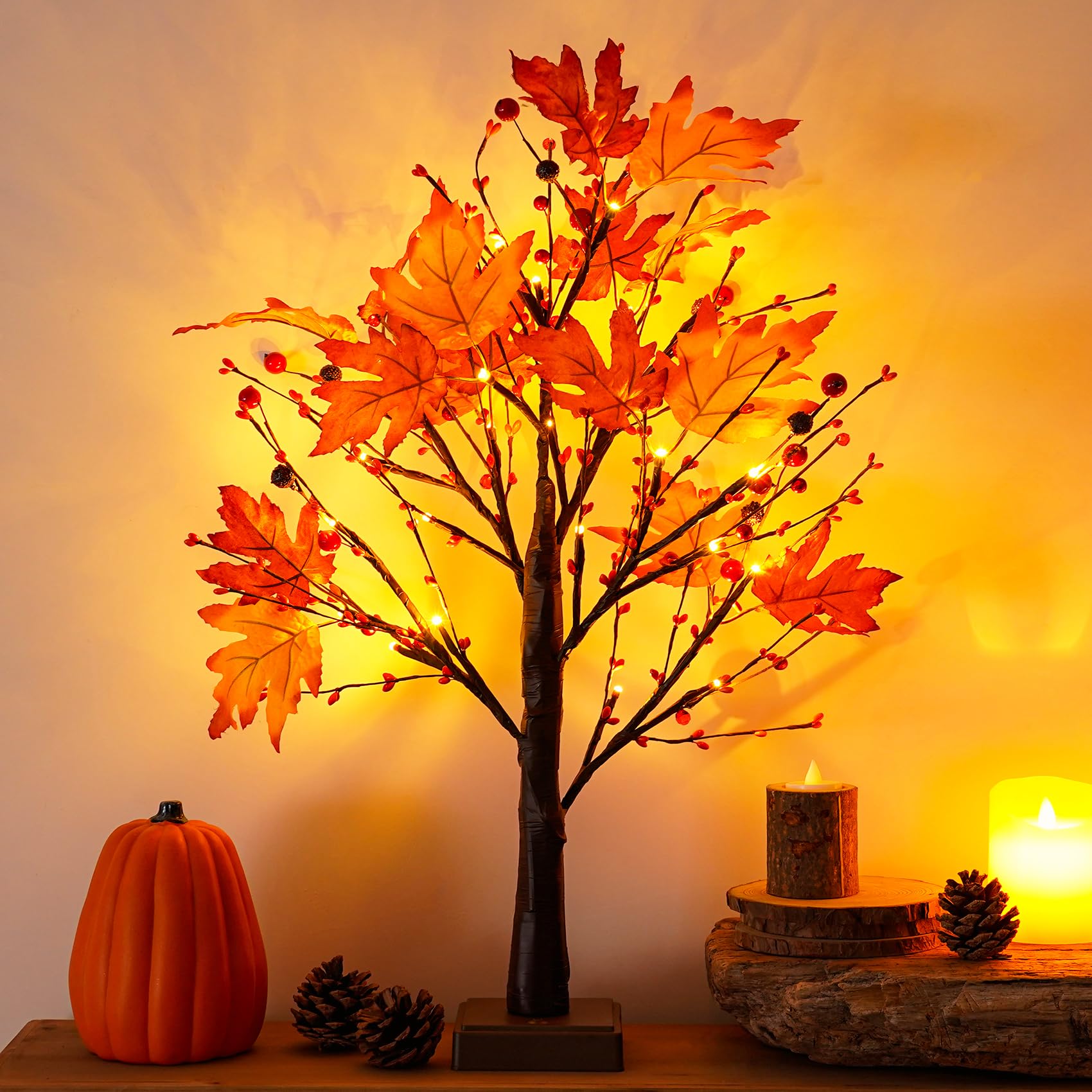 Beterzack 24 Inch 24 LED Artificial Fall Lighted Maple Tree Lighted Fall Tree with Timer Battery/USB Operated, Fall Decor for Autumn Thanksgiving Harvest Fall Home Indoor