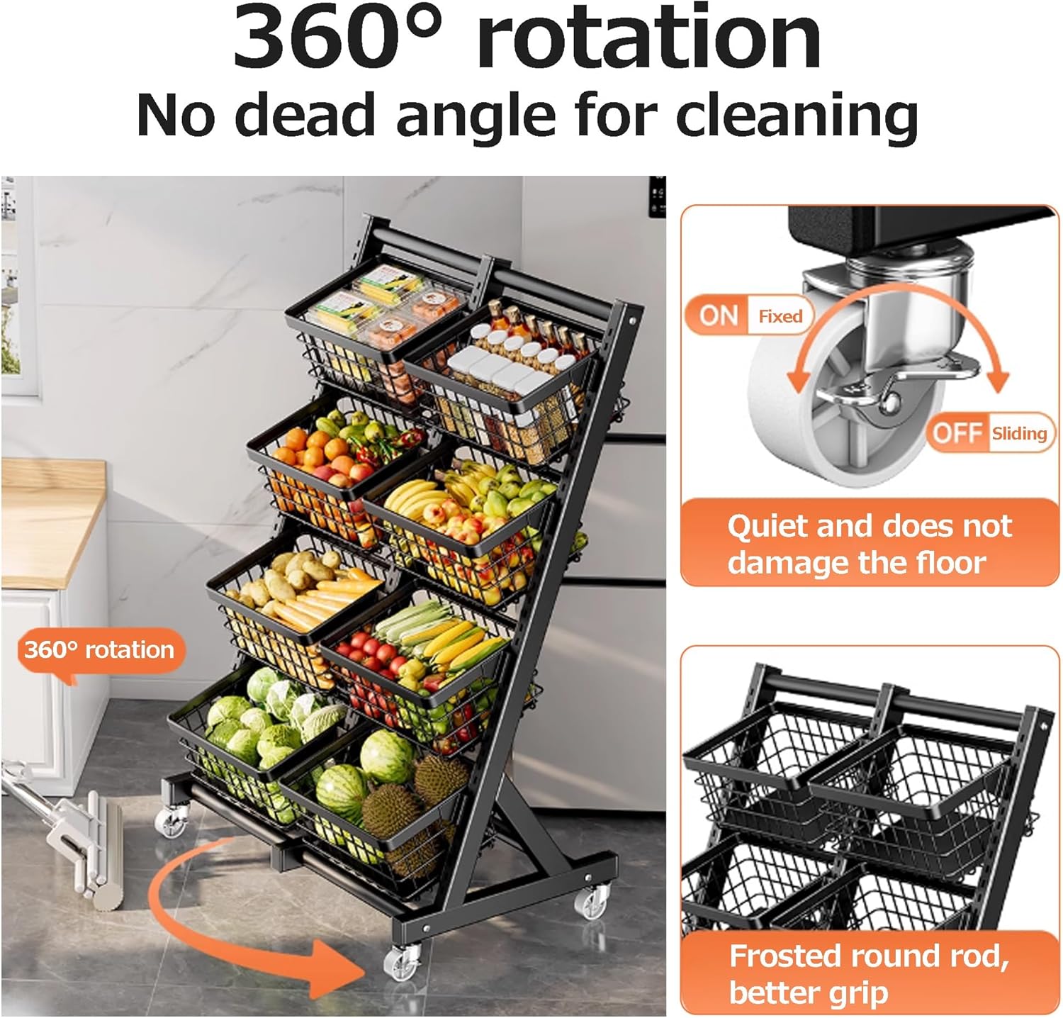 Store snack display rack, Fruit and vegetable rack floor-standing, multi-layer cart with Wheels, multifunctional household vegetable storage rack, Kitchen Organizers with Storage Baskets(Black,73*40*1