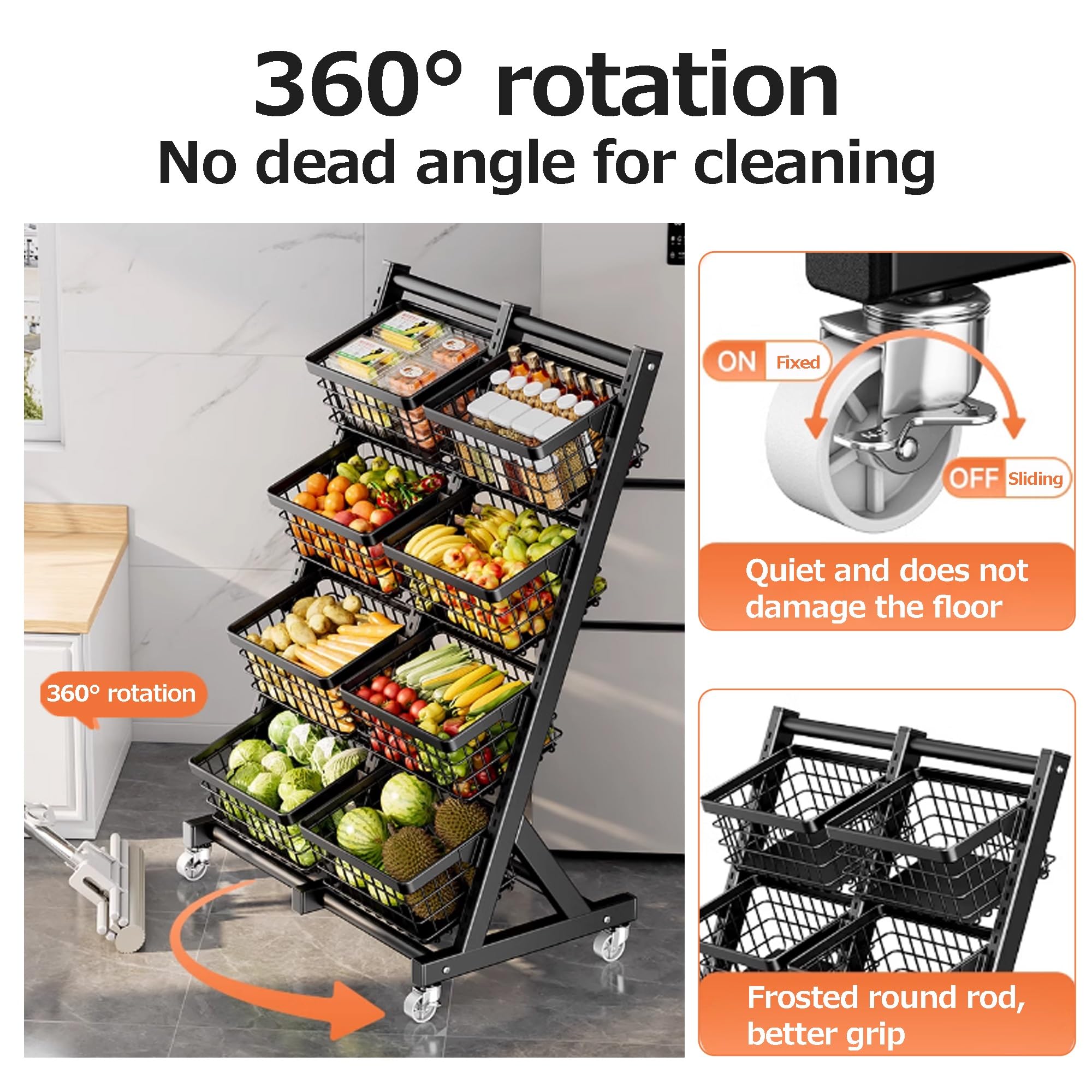 Präsentationsregal für Snacks, Obst- und Gemüseregal auf dem Boden, multifunktionales Aufbewahrungsregal für Haushaltsgemüse, Küchenorganizer mit Aufbewahrungskörben(Nero,73 * 40 * 112.5cm)
