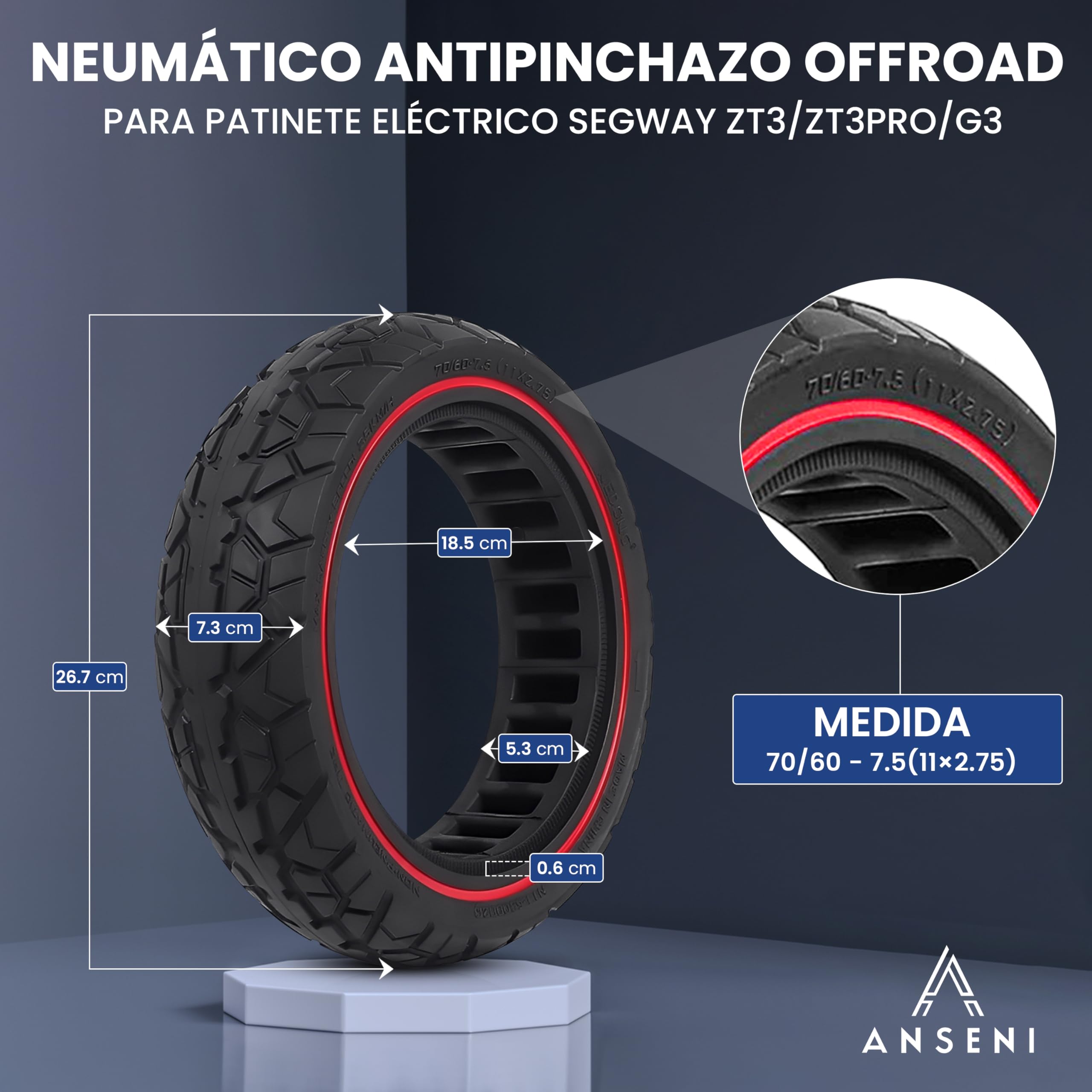 ANSENI Pneu Plein 70/60-7,5 Pneu Increvable 11 x 2,75 | Pour Trottinettes Electrique Segway Ninebot ZT3/ZT3 Pro/ZT3 PROE pour roue avant ou arrière (1 roue)