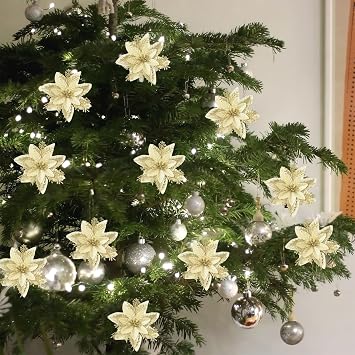 30 PCS Poinsettia Christmas Decorations,Glitter Poinsettia Artificial Flowers with 30 Stems,for Xmas Tree Ornaments,New Year,Garland Wreath Decoration