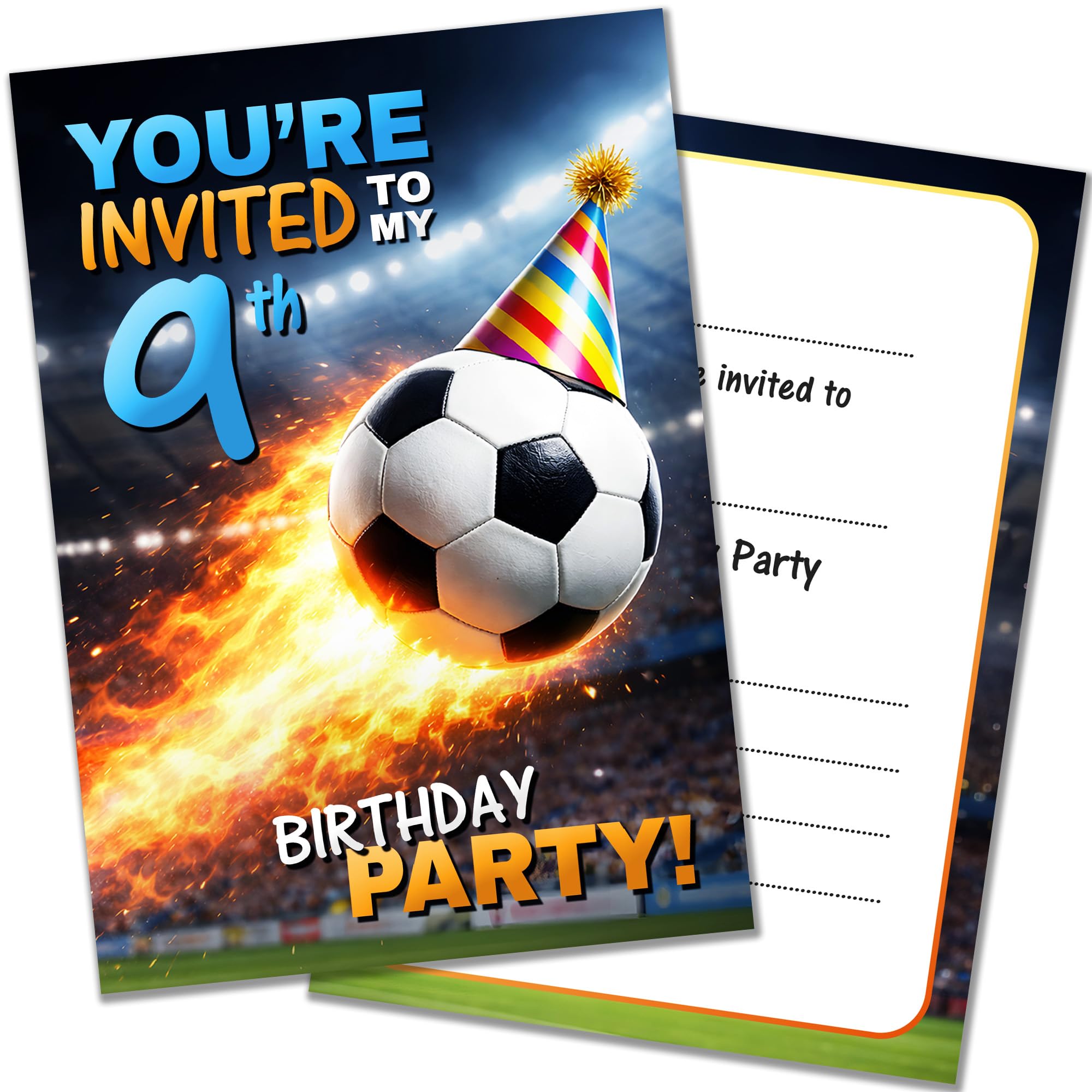 20 x 9th Birthday Party Football Invitations with Envelopes Flaming Football Design Double Sided Cards Designed and Printed in the UK