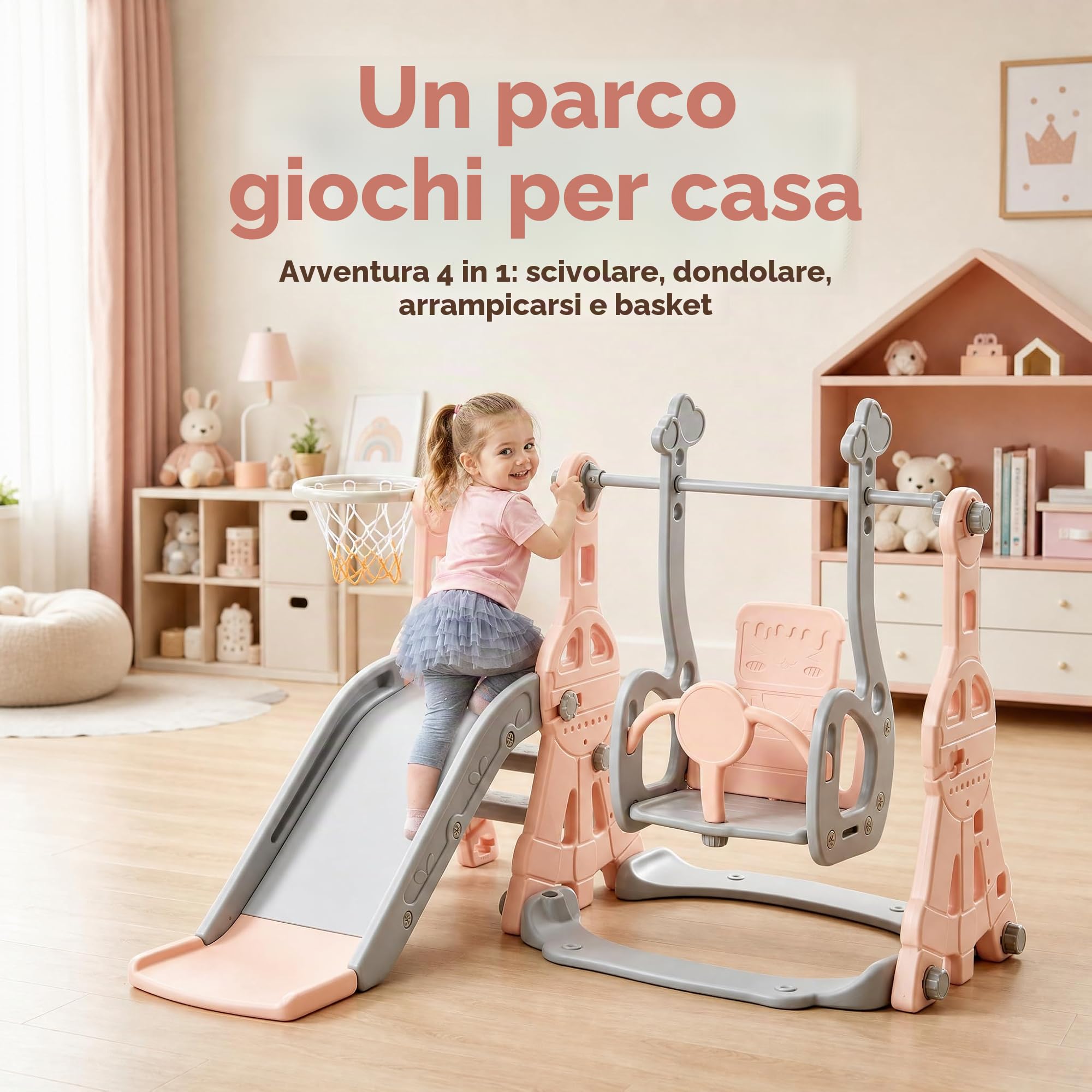 Scivolo per bambini per esterni, 4 in 1, con scivolo, altalena, struttura per arrampicata, canestro da basket, per interni ed esterni, scivolo autoportante, parco giochi per bambini piccoli
