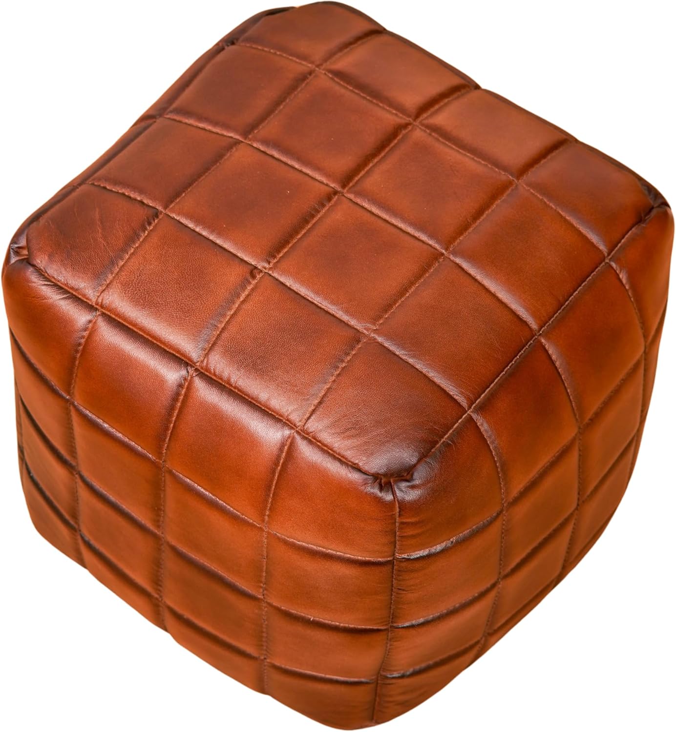 Rugsotic Carpets Square Shaped Leather Handmade Eco-Friendly Brown Pouf - Square Shape Pouf, 14"x14"x14", Geometric Pouf, Leather Pouf, Recycled Cotton Filled Stuffed Pouf, Leather Seating Pouf PF23