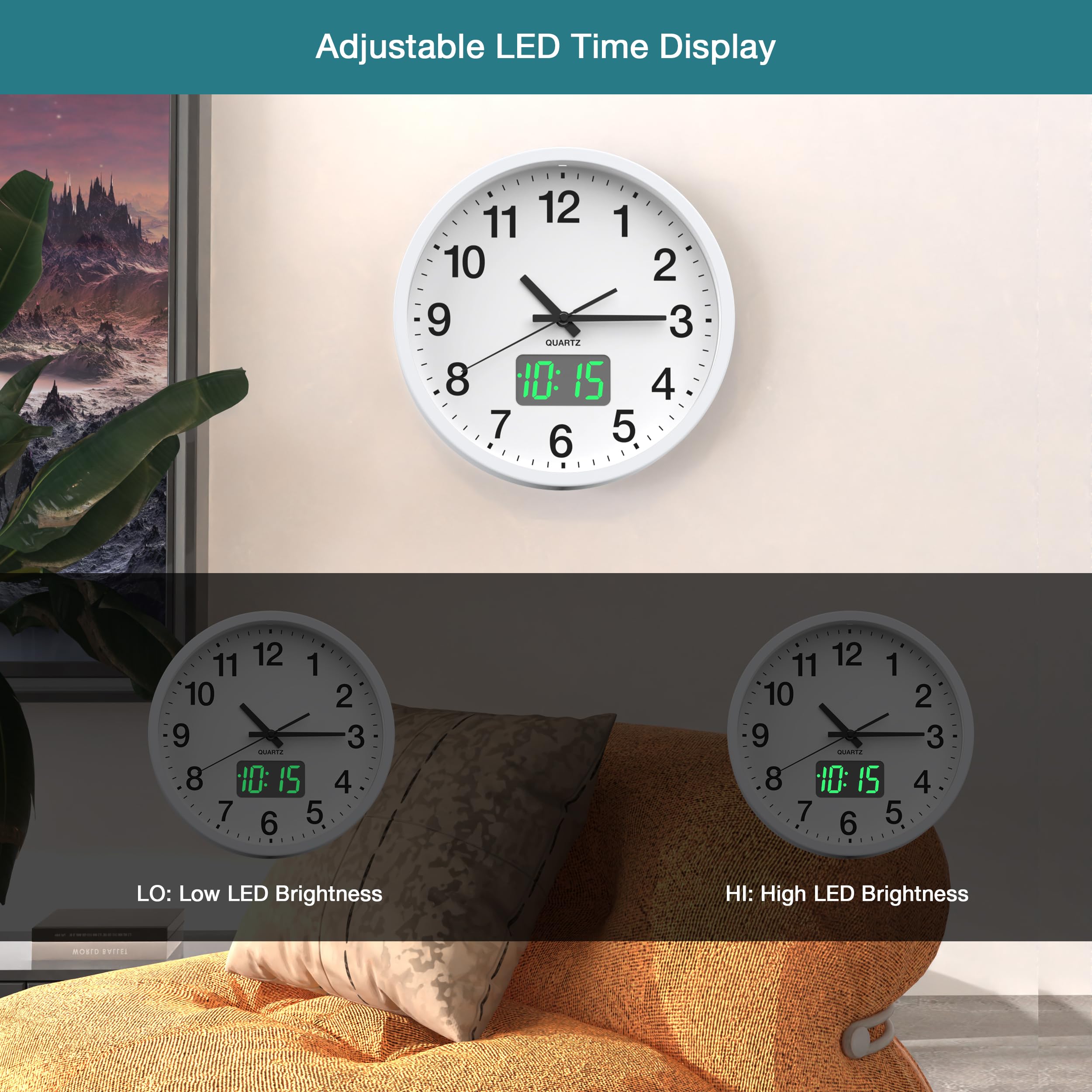 Relojes de pared pequeños modernos, sensor de luz/pantalla LED de hora/pantalla LCD de hora, fecha y temperatura, funciona con pilas, reloj de pared silencioso sin tictac, analógico clásico para