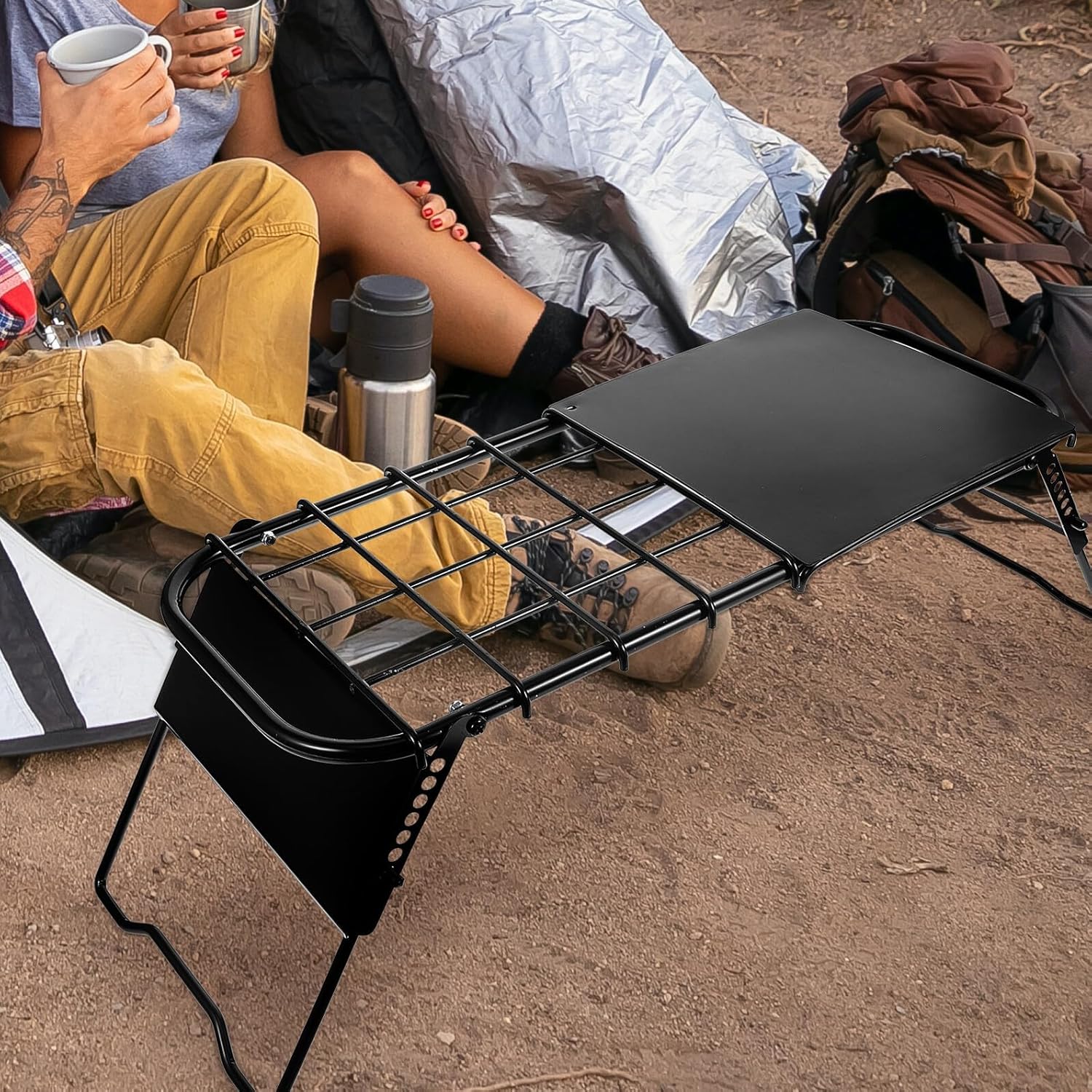 minkissy Folding Camping Table with Adjustable Height Mesh Desktop Portable Metal Outdoor Picnic Grill Table for Hiking and BBQ