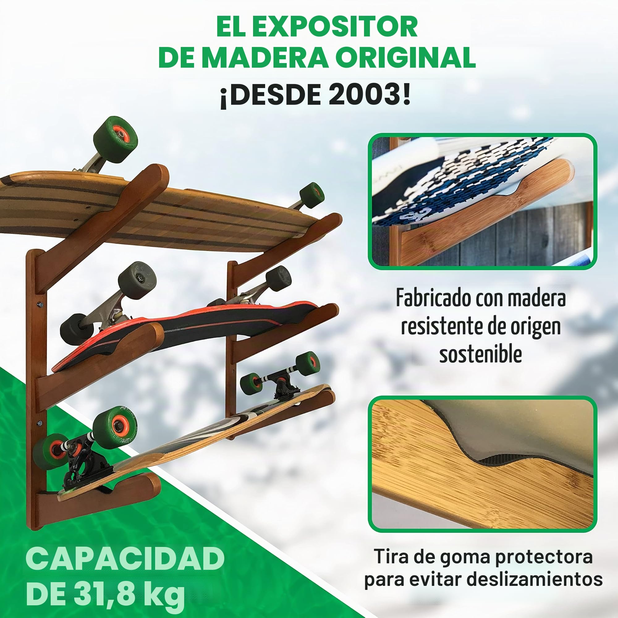 COR Surf Soporte de Pared para Tres Tablas | sostiene 3 Tablas de Surf | Expositor para Tablas de Surf | Longboard Shortboard | Junta Kite | Snowboard